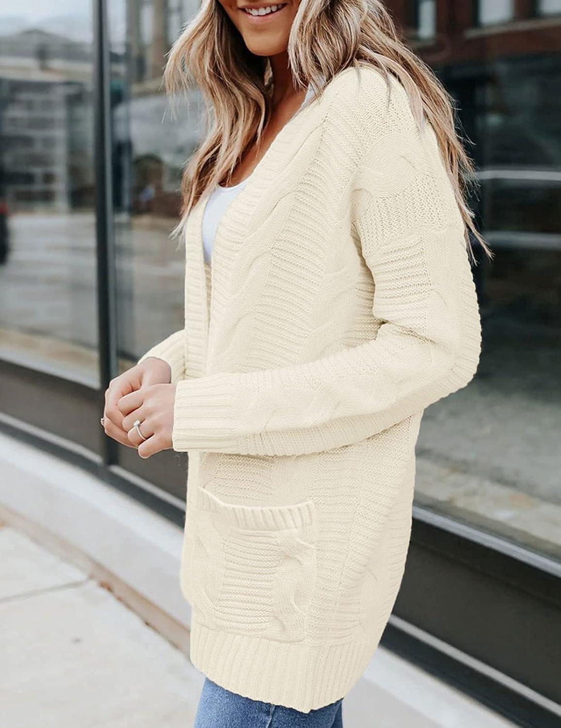 imageMEROKEETY Womens 2026 Long Sleeve Cable Knit Cardigan Sweaters Open Front Fall Outerwear Coat PocketsBeige Yellow