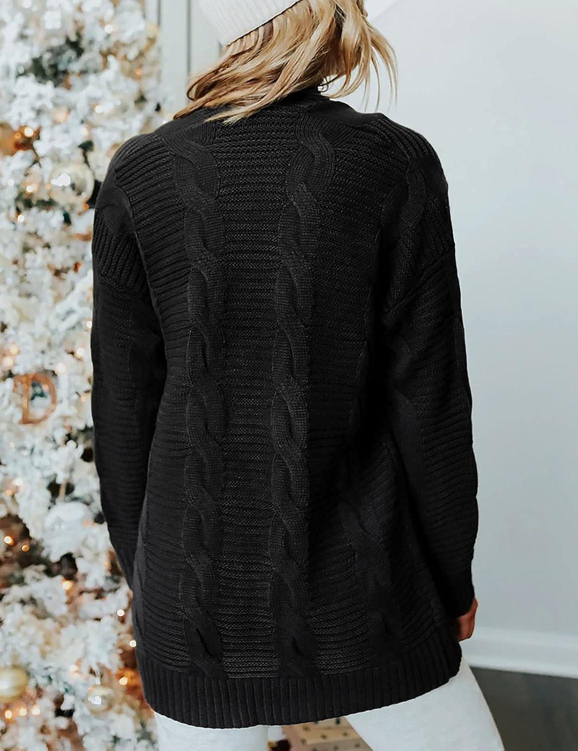 imageMEROKEETY Womens 2026 Long Sleeve Cable Knit Cardigan Sweaters Open Front Fall Outerwear Coat PocketsBlack