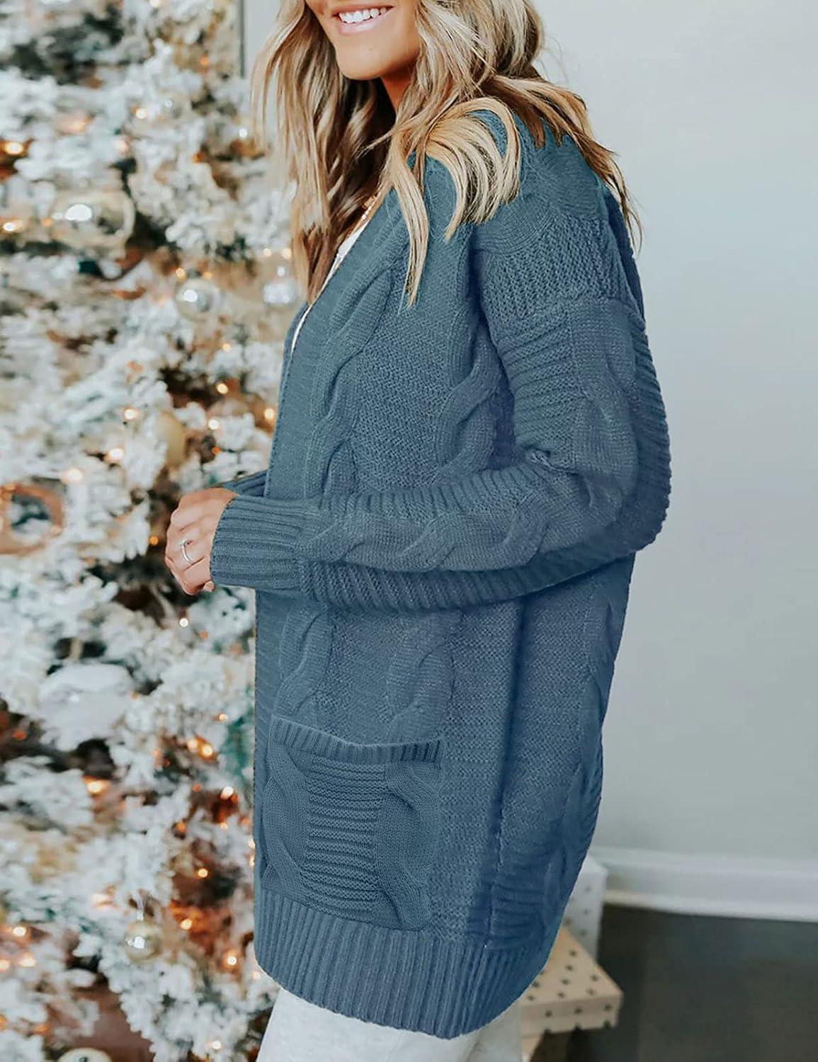 imageMEROKEETY Womens 2026 Long Sleeve Cable Knit Cardigan Sweaters Open Front Fall Outerwear Coat PocketsBlue