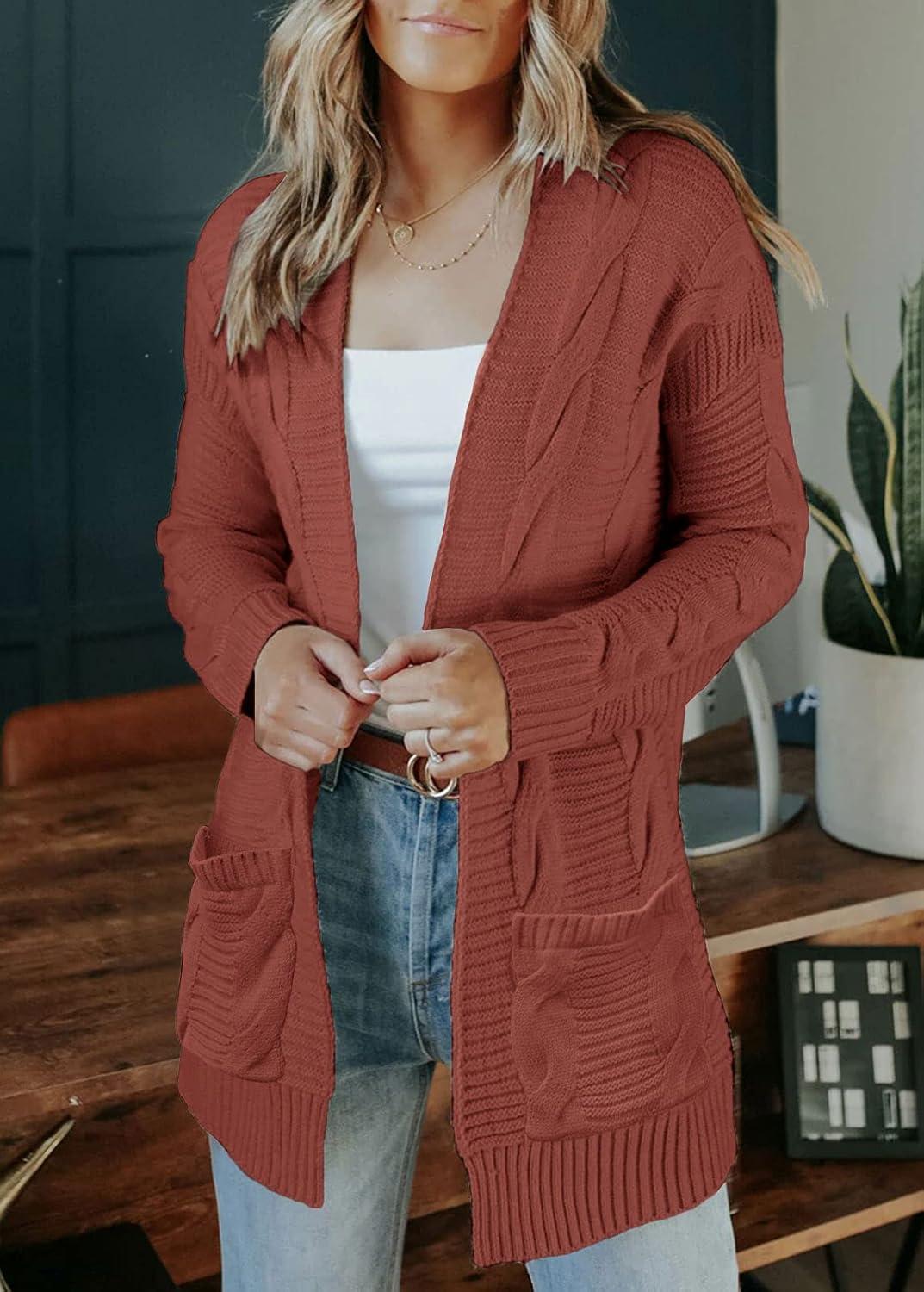imageMEROKEETY Womens 2026 Long Sleeve Cable Knit Cardigan Sweaters Open Front Fall Outerwear Coat PocketsBrick Red