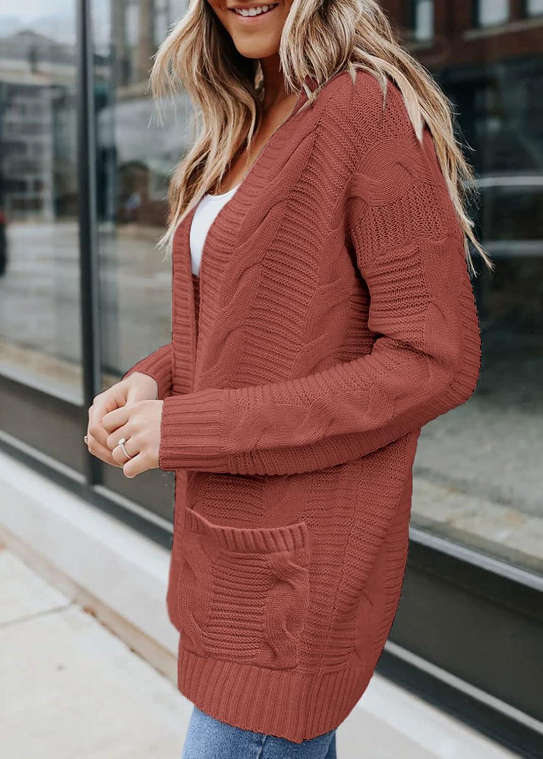 imageMEROKEETY Womens 2026 Long Sleeve Cable Knit Cardigan Sweaters Open Front Fall Outerwear Coat PocketsBrick Red