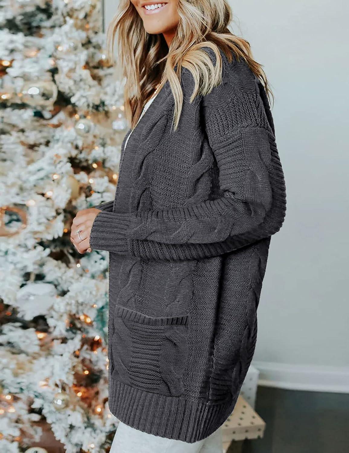 imageMEROKEETY Womens 2026 Long Sleeve Cable Knit Cardigan Sweaters Open Front Fall Outerwear Coat PocketsCharcoal