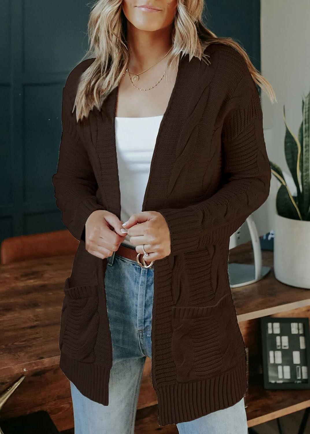 imageMEROKEETY Womens 2026 Long Sleeve Cable Knit Cardigan Sweaters Open Front Fall Outerwear Coat PocketsCoffee