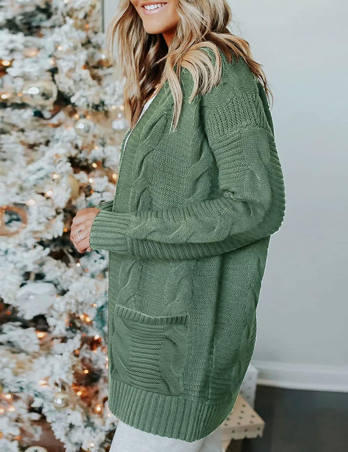 imageMEROKEETY Womens 2026 Long Sleeve Cable Knit Cardigan Sweaters Open Front Fall Outerwear Coat PocketsDusty Green