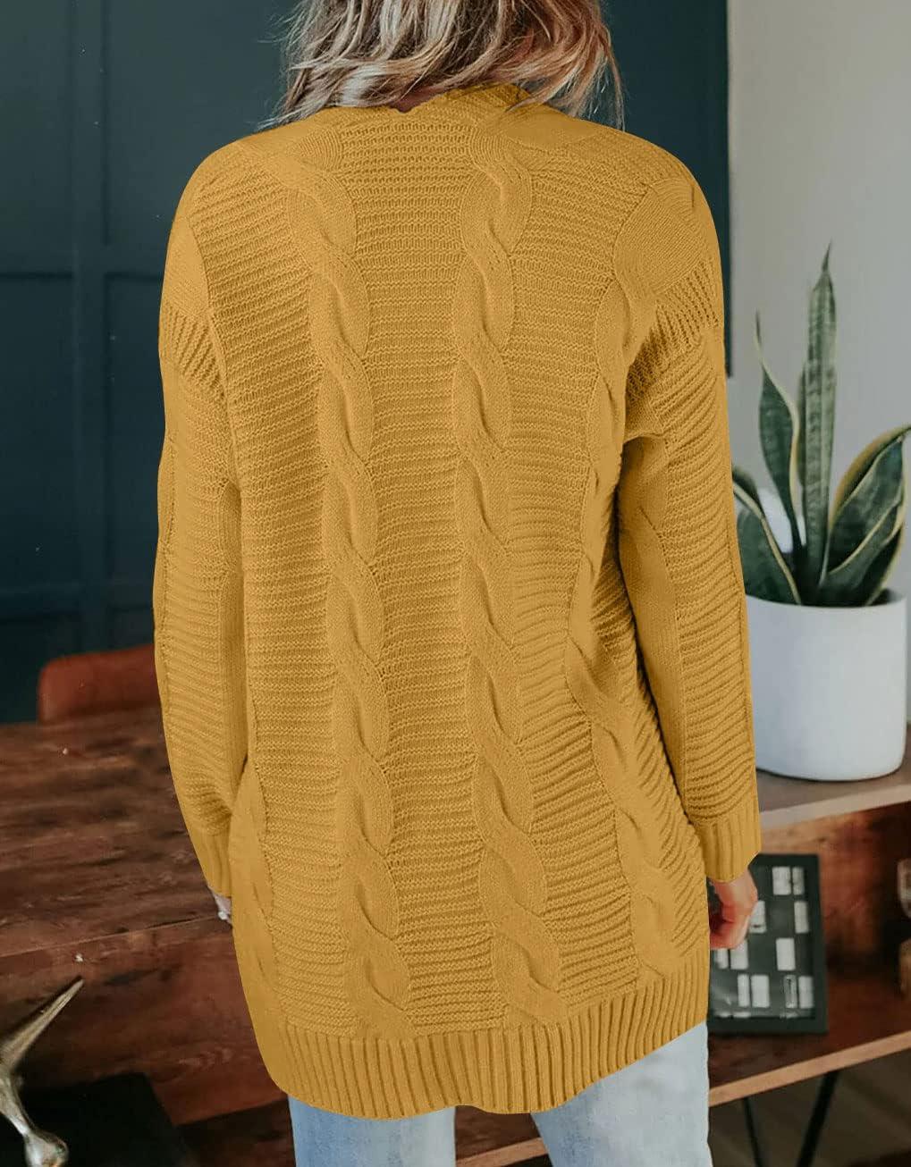 imageMEROKEETY Womens 2026 Long Sleeve Cable Knit Cardigan Sweaters Open Front Fall Outerwear Coat PocketsGold Yellow