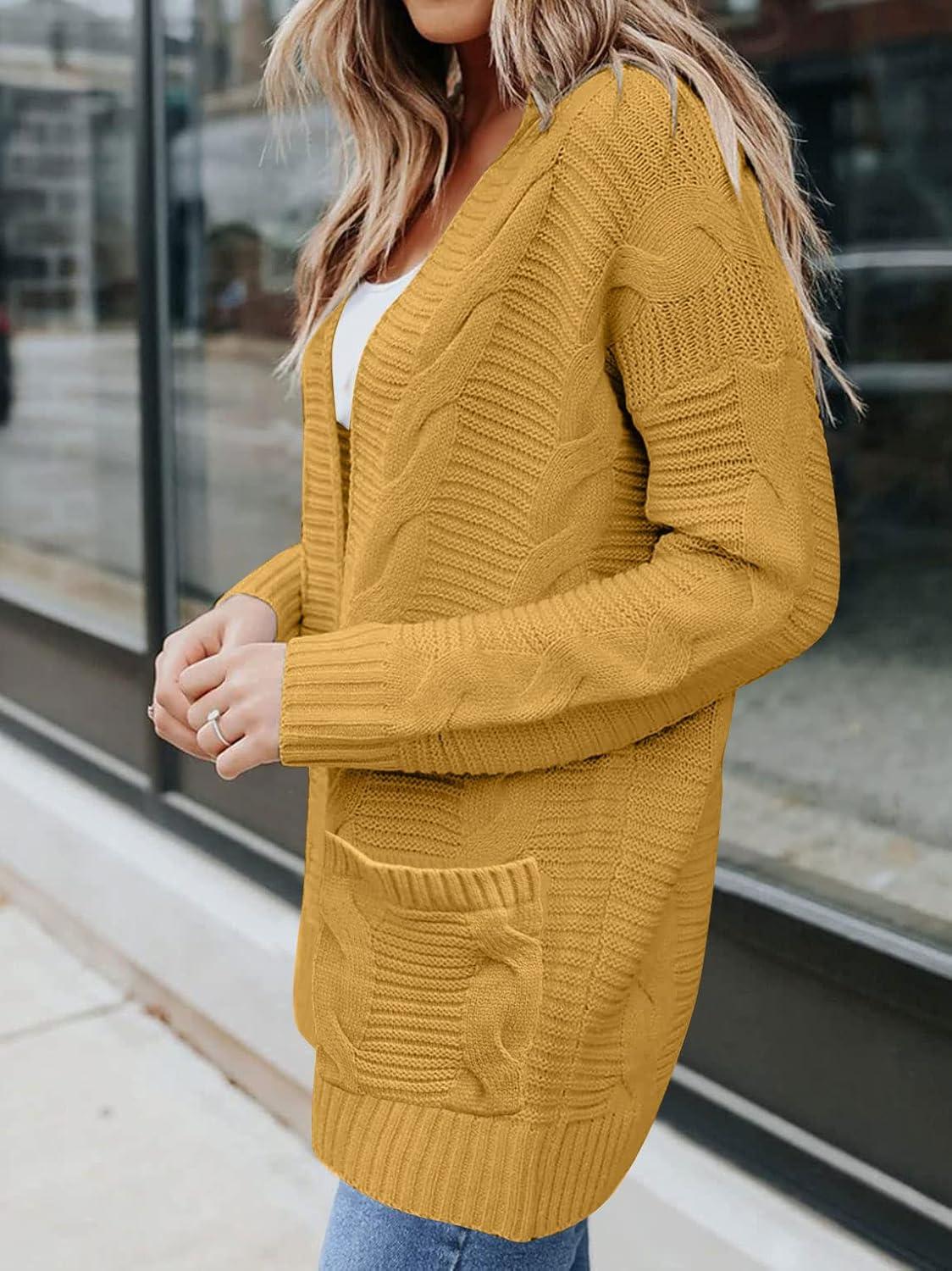 imageMEROKEETY Womens 2026 Long Sleeve Cable Knit Cardigan Sweaters Open Front Fall Outerwear Coat PocketsGold Yellow