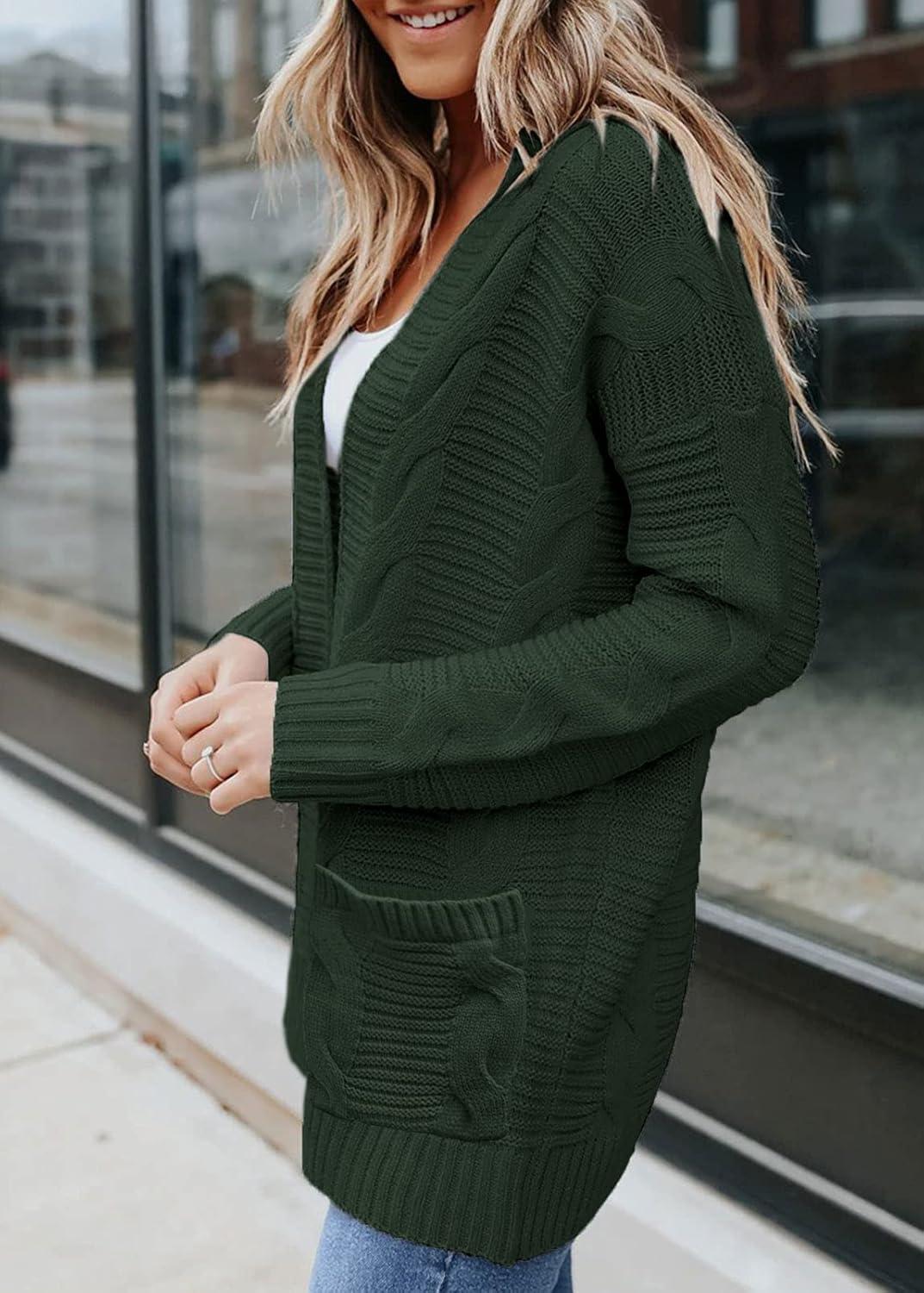 imageMEROKEETY Womens 2026 Long Sleeve Cable Knit Cardigan Sweaters Open Front Fall Outerwear Coat PocketsGreen