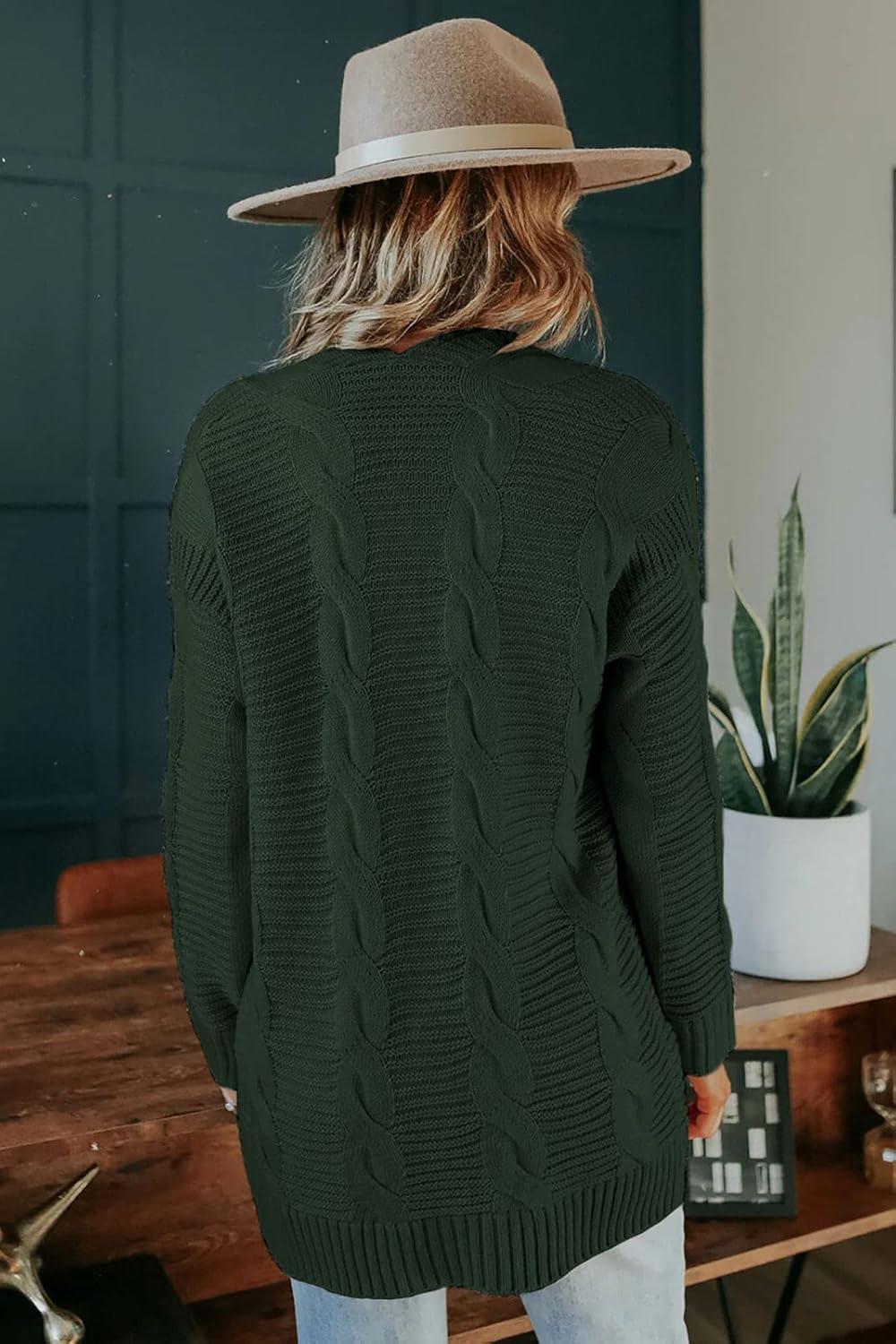 imageMEROKEETY Womens 2026 Long Sleeve Cable Knit Cardigan Sweaters Open Front Fall Outerwear Coat PocketsGreen