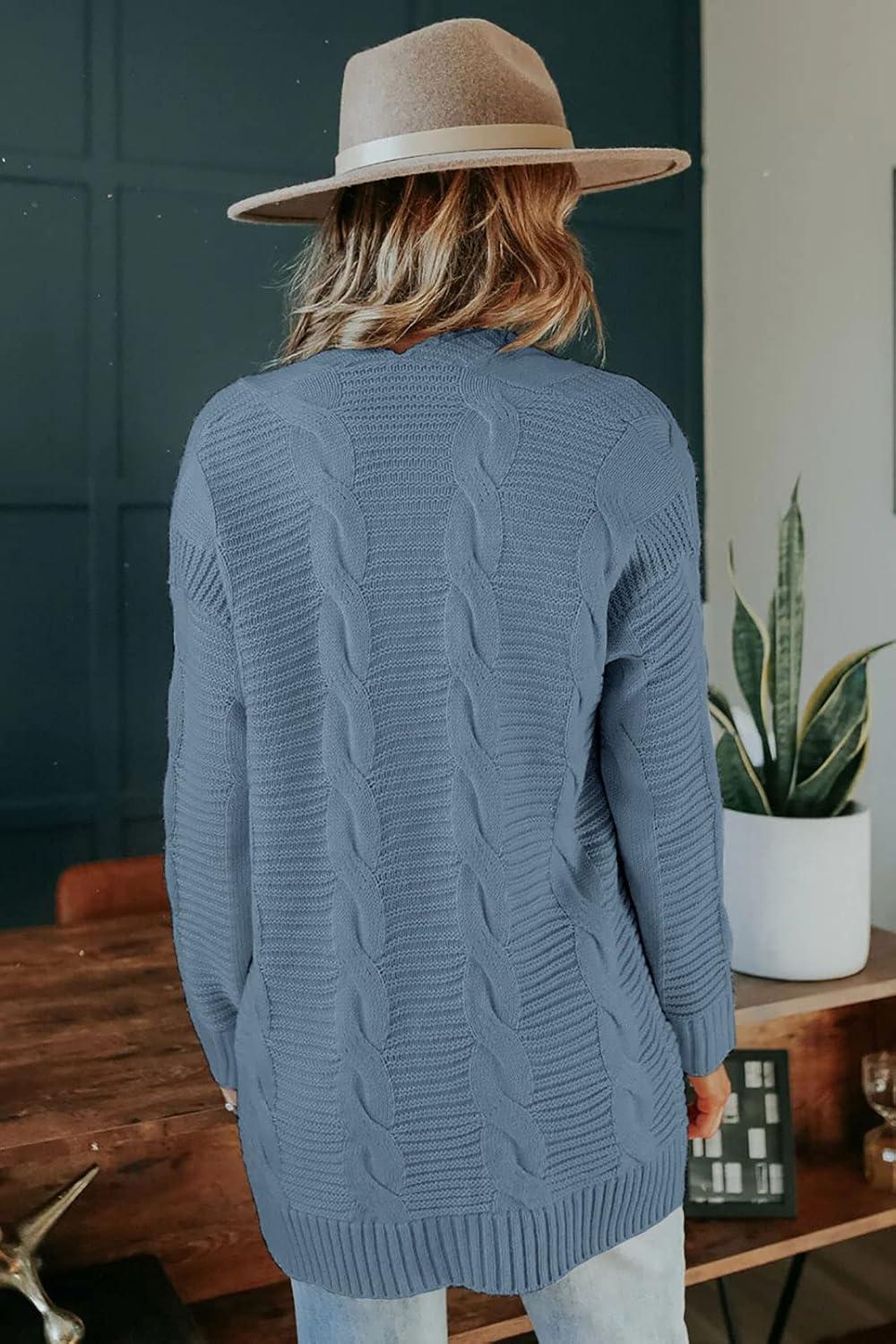 imageMEROKEETY Womens 2026 Long Sleeve Cable Knit Cardigan Sweaters Open Front Fall Outerwear Coat PocketsLight Blue