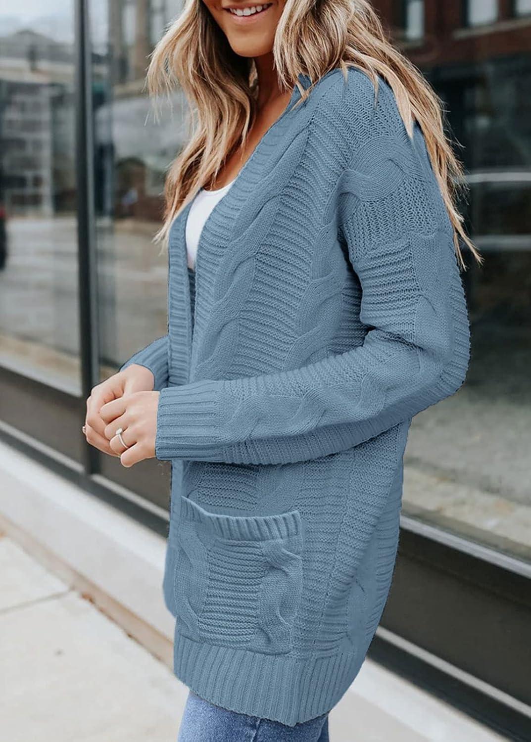 imageMEROKEETY Womens 2026 Long Sleeve Cable Knit Cardigan Sweaters Open Front Fall Outerwear Coat PocketsLight Blue