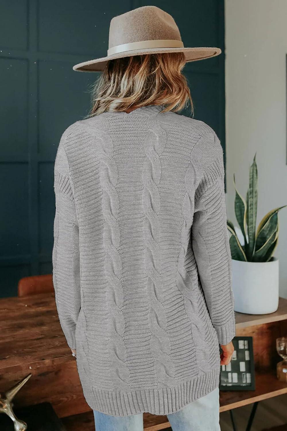 imageMEROKEETY Womens 2026 Long Sleeve Cable Knit Cardigan Sweaters Open Front Fall Outerwear Coat PocketsLight Grey