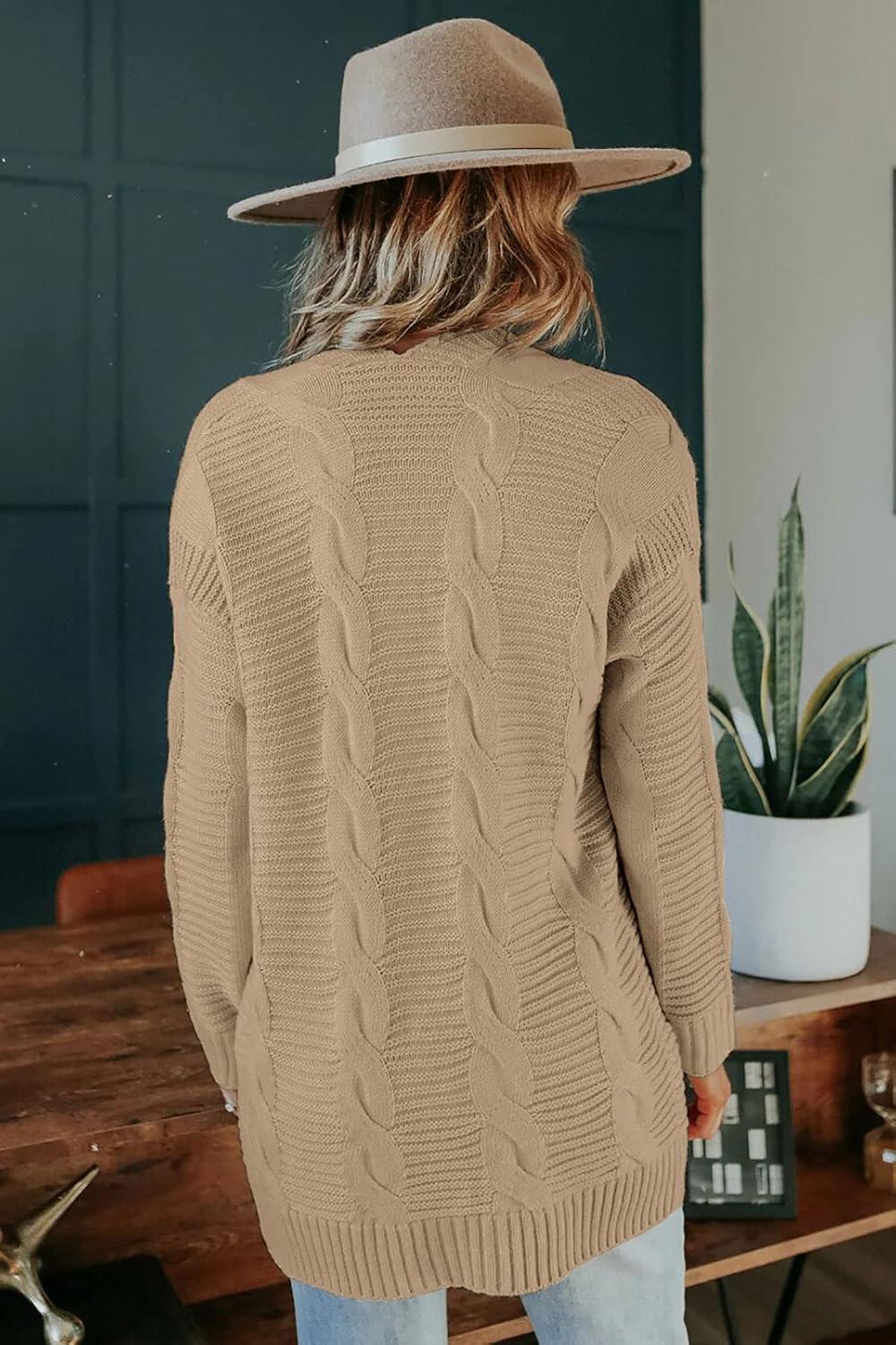imageMEROKEETY Womens 2026 Long Sleeve Cable Knit Cardigan Sweaters Open Front Fall Outerwear Coat PocketsLight Khaki
