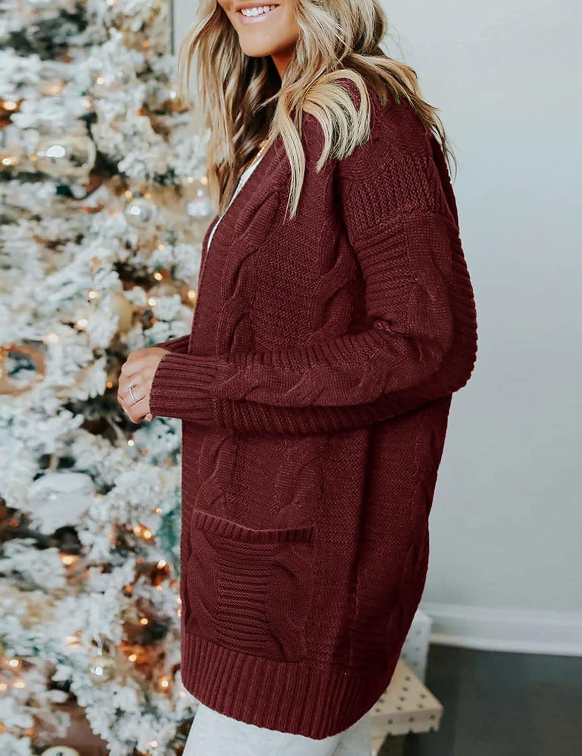 imageMEROKEETY Womens 2026 Long Sleeve Cable Knit Cardigan Sweaters Open Front Fall Outerwear Coat PocketsWine