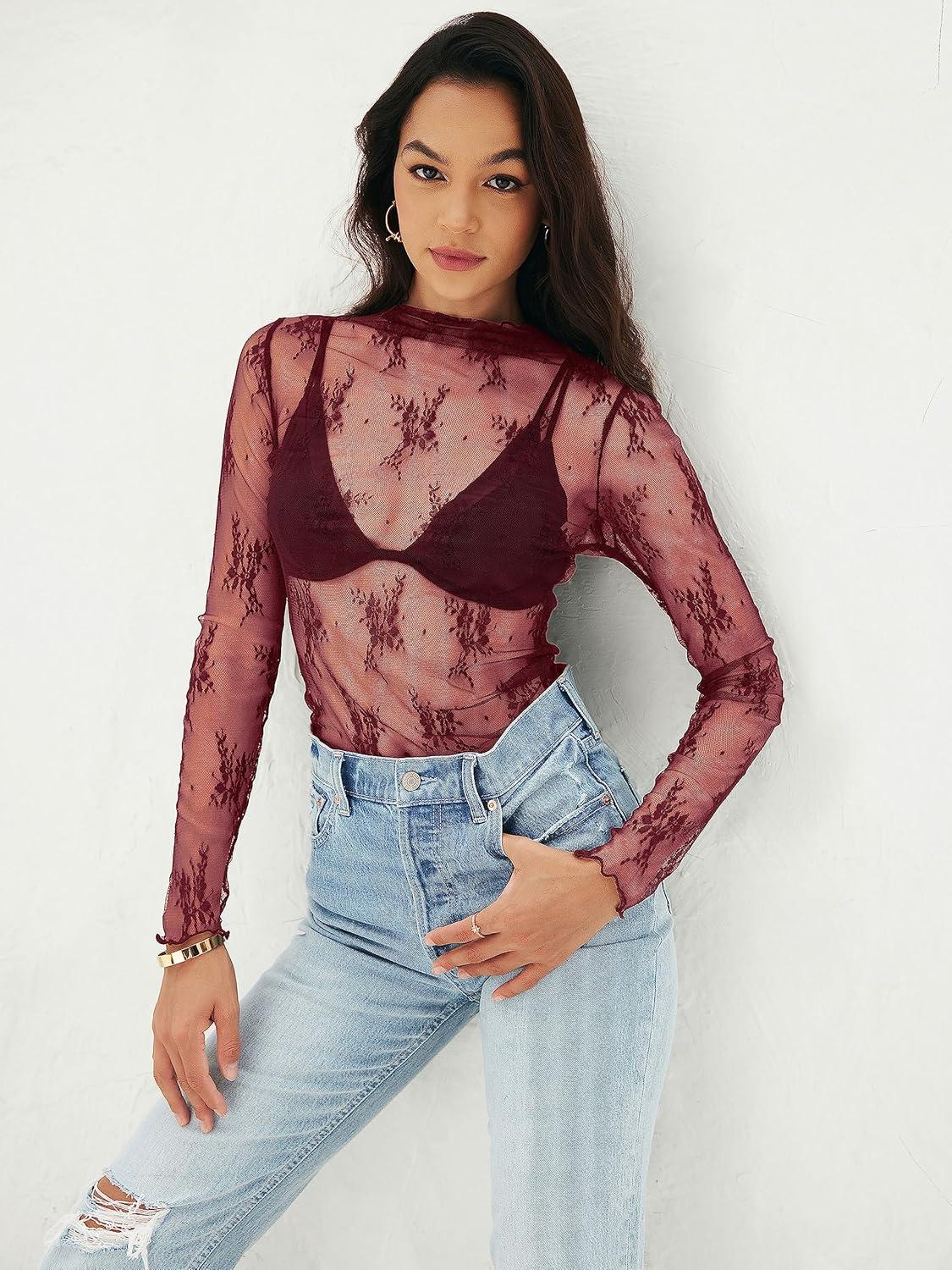 imageMEROKEETY Womens 2026 Mesh Sheer Lace Long Sleeve Top Sexy Y2k Mock Neck See Through Shirt BlousesBurgundy