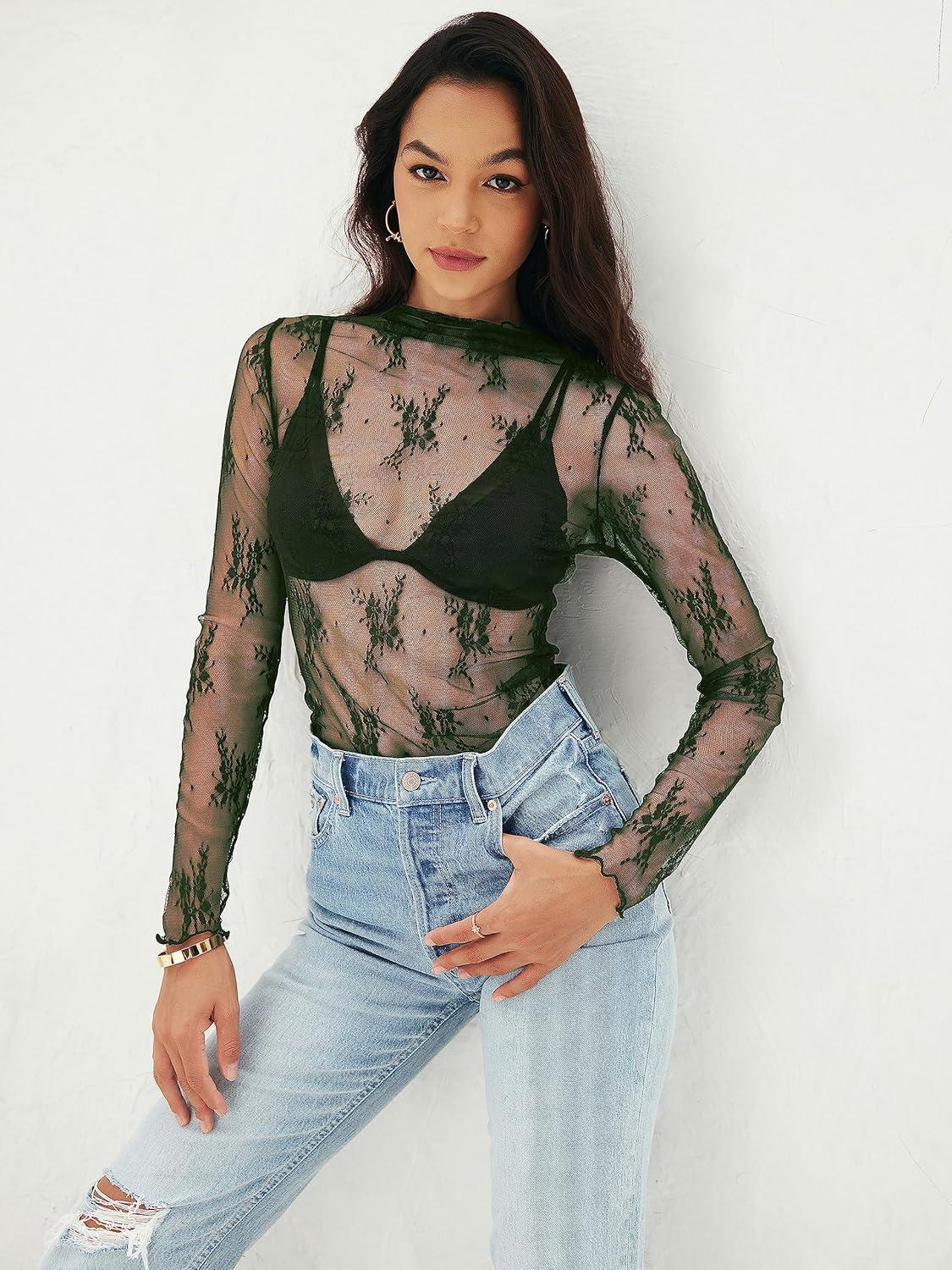 imageMEROKEETY Womens 2026 Mesh Sheer Lace Long Sleeve Top Sexy Y2k Mock Neck See Through Shirt BlousesGreen