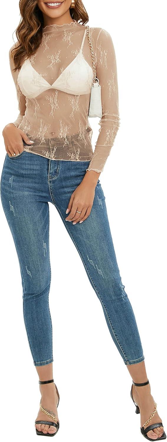 imageMEROKEETY Womens 2026 Mesh Sheer Lace Long Sleeve Top Sexy Y2k Mock Neck See Through Shirt BlousesLightkhaki