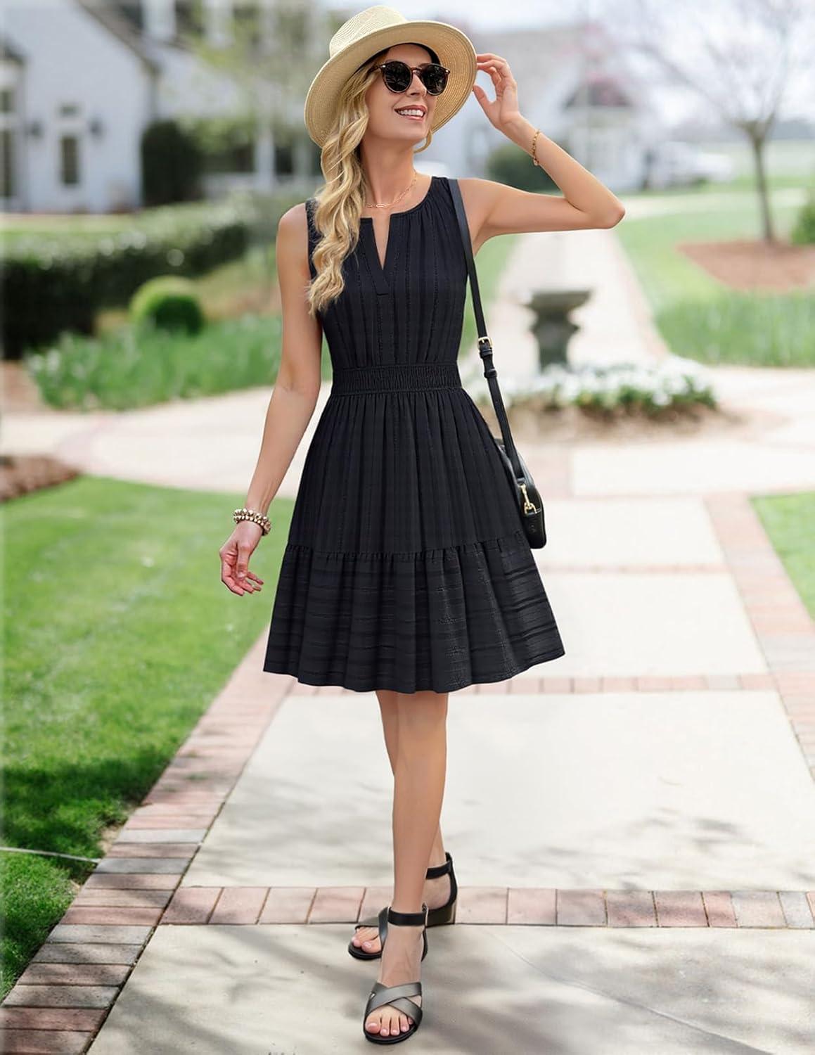 imageMEROKEETY Womens 2026 Summer Casual Mini Sundress Beach Vacation Sleeveless V Neck Flowy A Line Dress with PocketsBlack