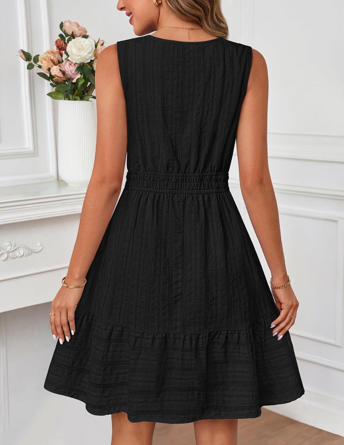 imageMEROKEETY Womens 2026 Summer Casual Mini Sundress Beach Vacation Sleeveless V Neck Flowy A Line Dress with PocketsBlack