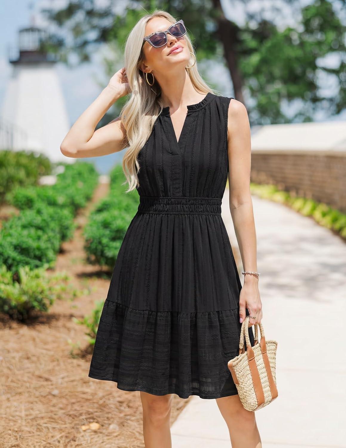 imageMEROKEETY Womens 2026 Summer Casual Mini Sundress Beach Vacation Sleeveless V Neck Flowy A Line Dress with PocketsBlack