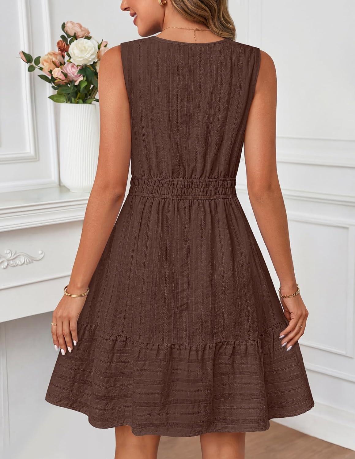 imageMEROKEETY Womens 2026 Summer Casual Mini Sundress Beach Vacation Sleeveless V Neck Flowy A Line Dress with PocketsCoffee