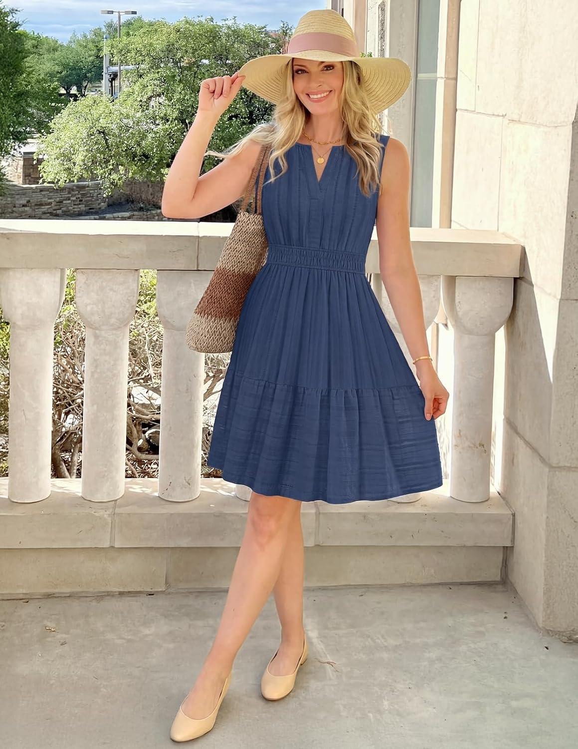 imageMEROKEETY Womens 2026 Summer Casual Mini Sundress Beach Vacation Sleeveless V Neck Flowy A Line Dress with PocketsNavy