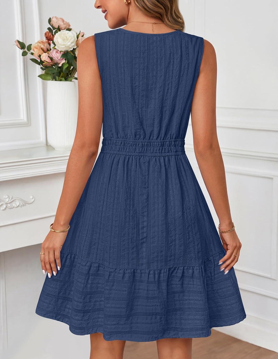 imageMEROKEETY Womens 2026 Summer Casual Mini Sundress Beach Vacation Sleeveless V Neck Flowy A Line Dress with PocketsNavy