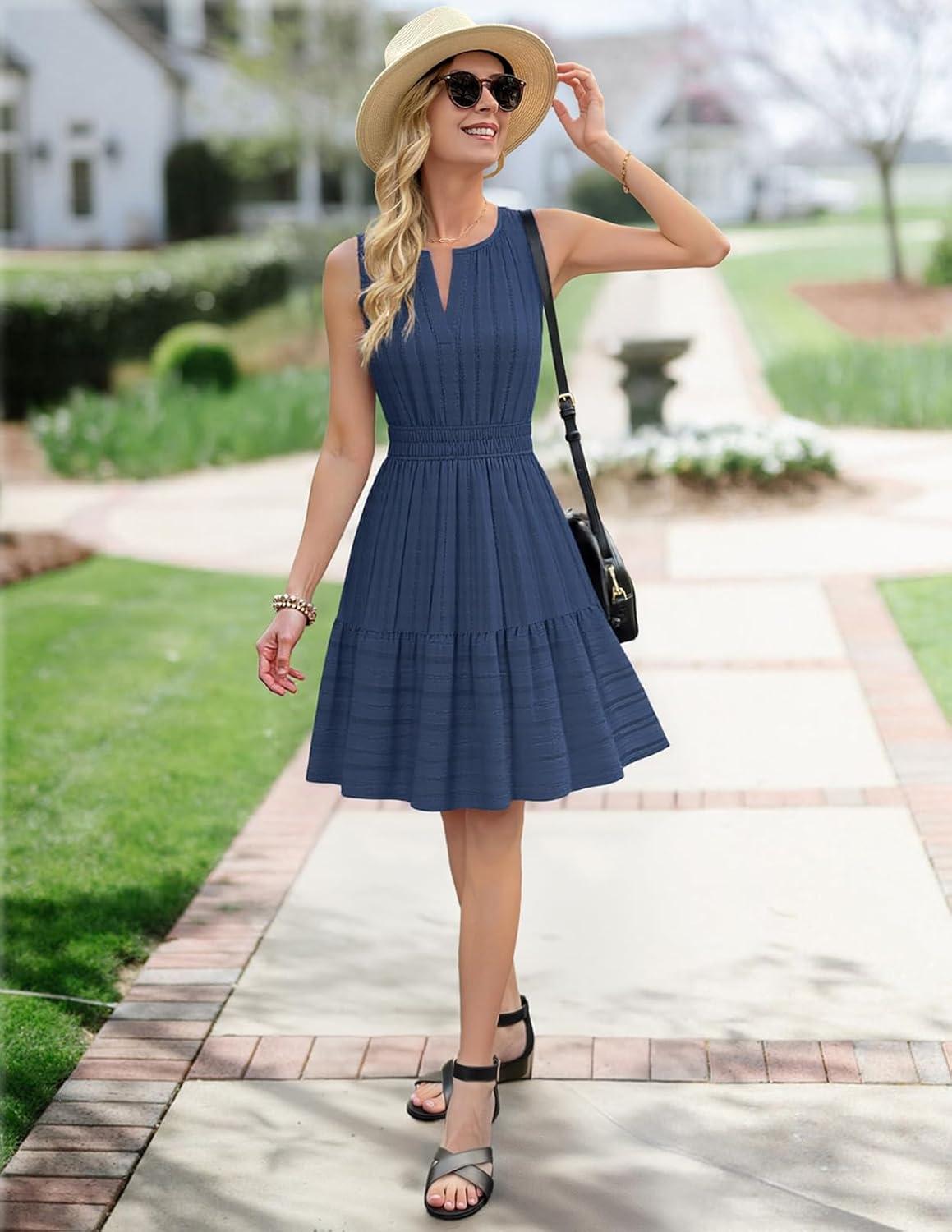 imageMEROKEETY Womens 2026 Summer Casual Mini Sundress Beach Vacation Sleeveless V Neck Flowy A Line Dress with PocketsNavy