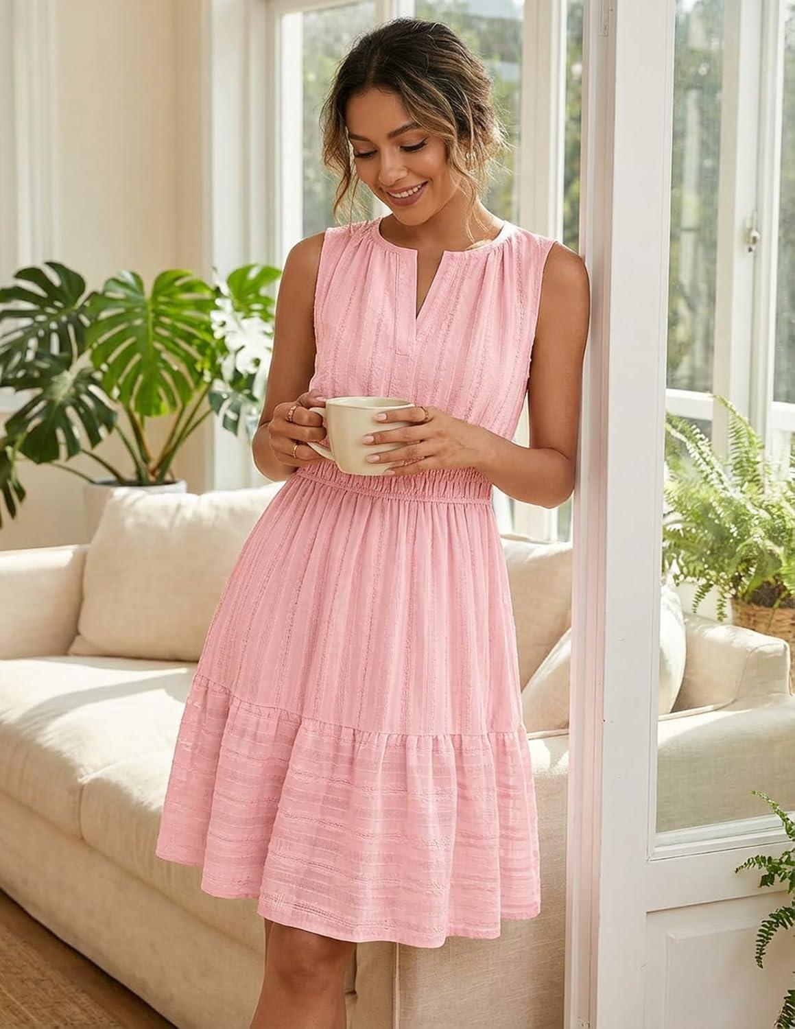 imageMEROKEETY Womens 2026 Summer Casual Mini Sundress Beach Vacation Sleeveless V Neck Flowy A Line Dress with PocketsPink