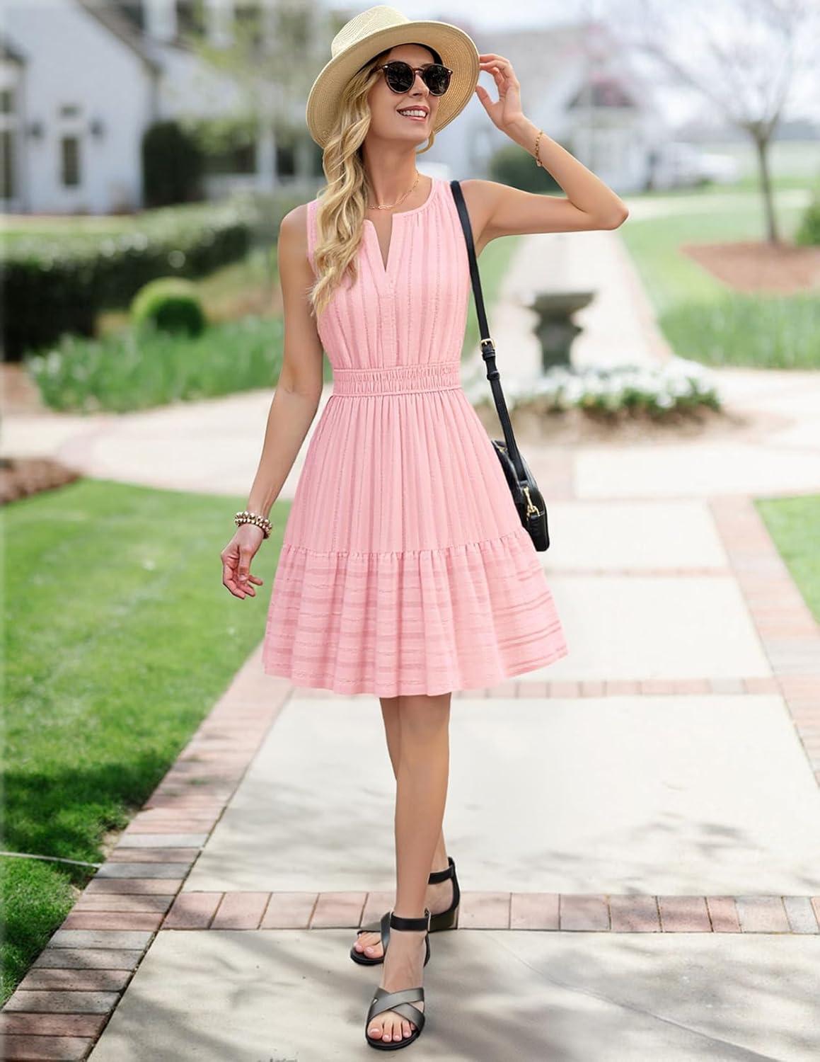 imageMEROKEETY Womens 2026 Summer Casual Mini Sundress Beach Vacation Sleeveless V Neck Flowy A Line Dress with PocketsPink
