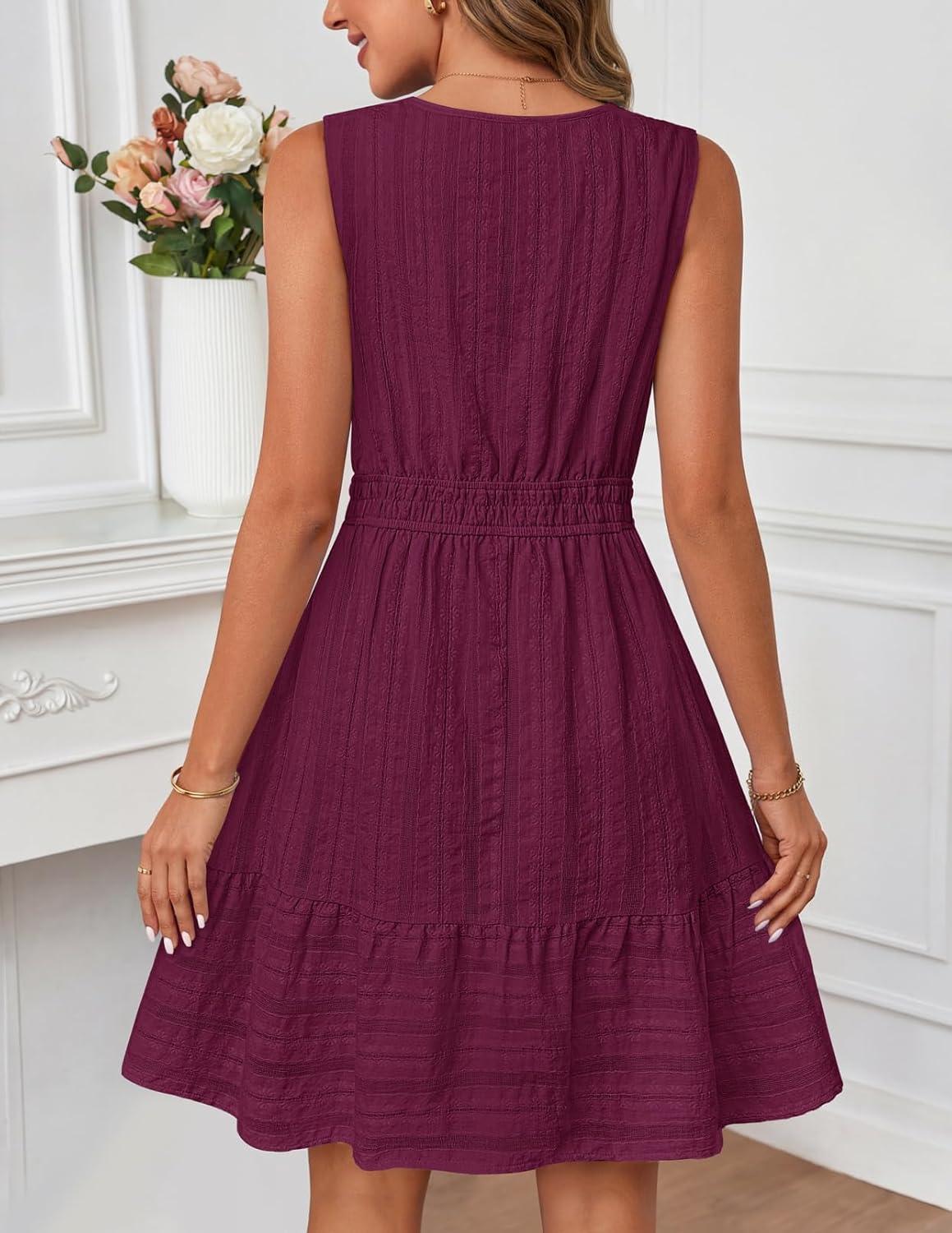 imageMEROKEETY Womens 2026 Summer Casual Mini Sundress Beach Vacation Sleeveless V Neck Flowy A Line Dress with PocketsWine