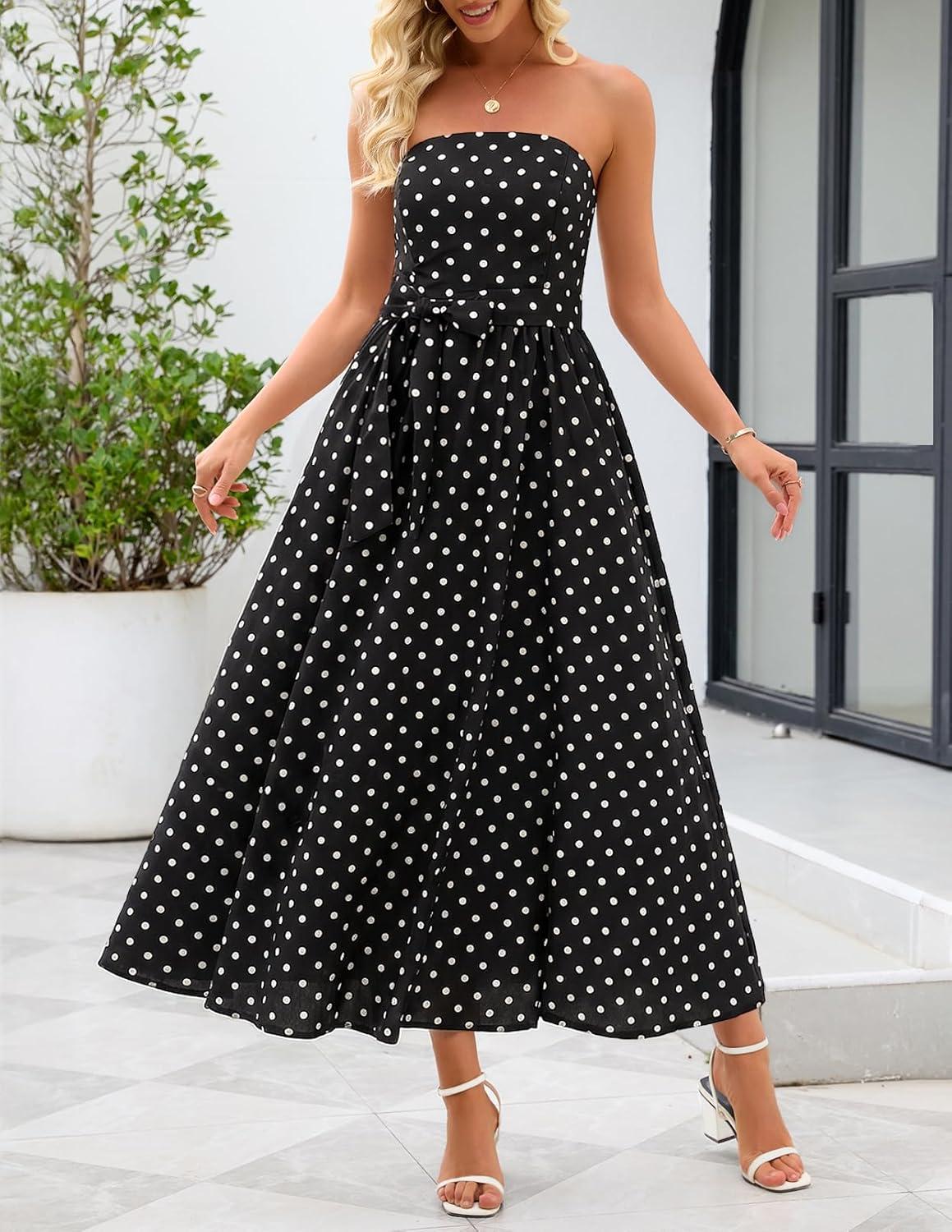imageMEROKEETY Womens 2026 Summer Floral Strapless Maxi Dress Boho Tube Smocked Tie Wedding Guest Cocktail Long DressesBlack