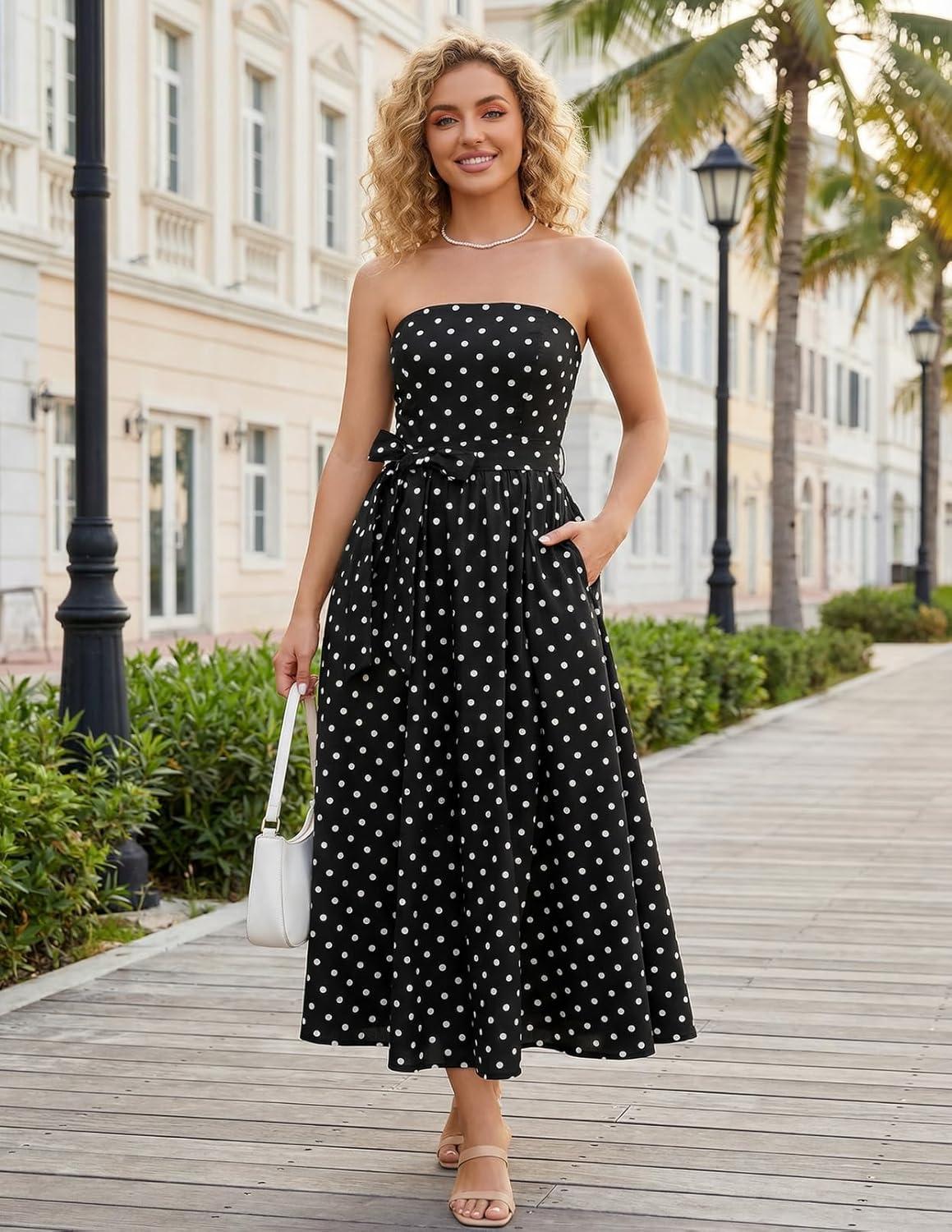 imageMEROKEETY Womens 2026 Summer Floral Strapless Maxi Dress Boho Tube Smocked Tie Wedding Guest Cocktail Long DressesBlack