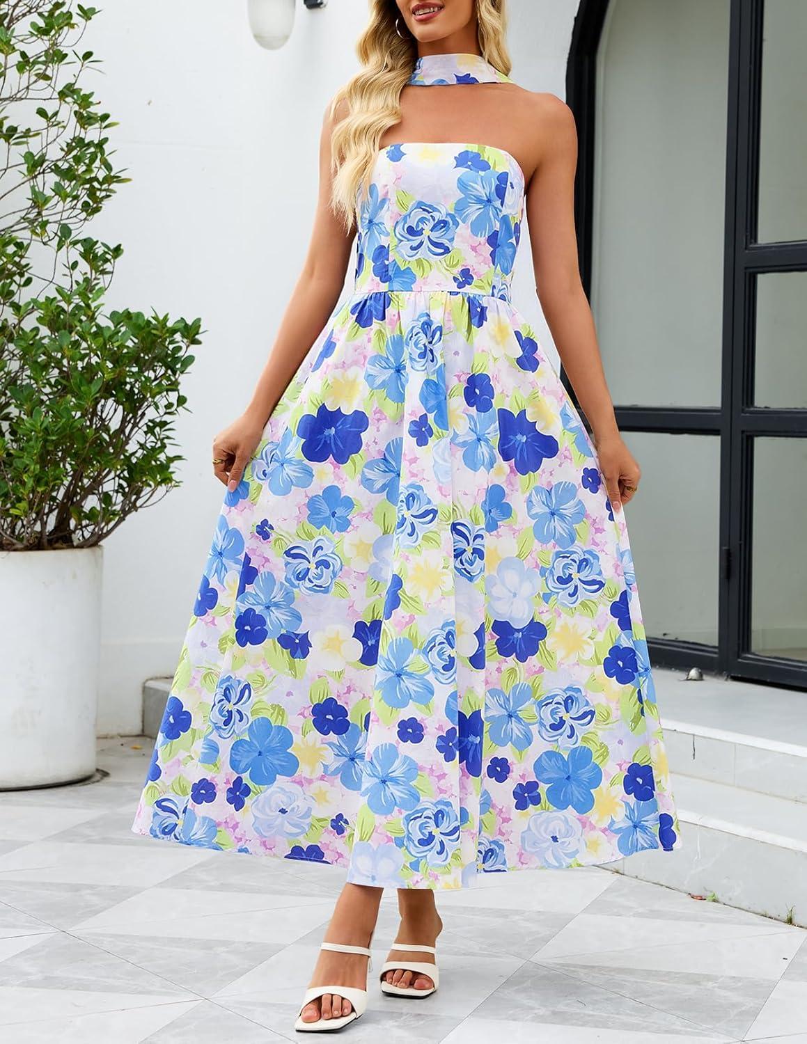 imageMEROKEETY Womens 2026 Summer Floral Strapless Maxi Dress Boho Tube Smocked Tie Wedding Guest Cocktail Long DressesBlue