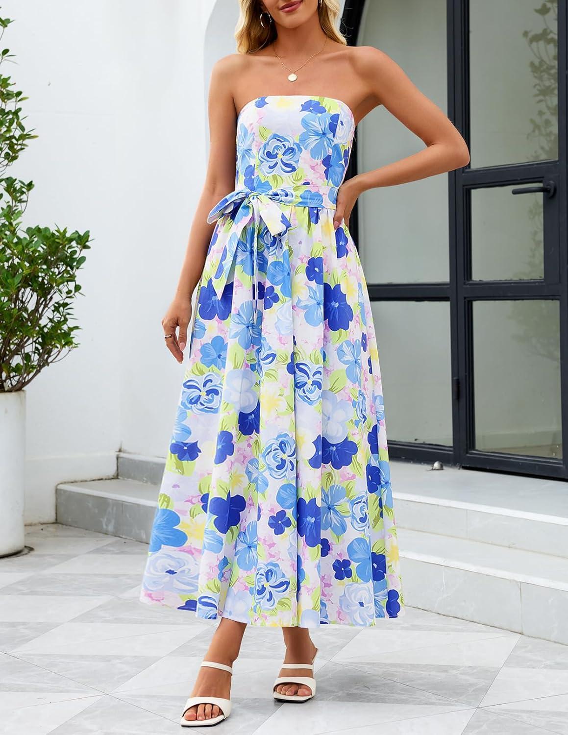 imageMEROKEETY Womens 2026 Summer Floral Strapless Maxi Dress Boho Tube Smocked Tie Wedding Guest Cocktail Long DressesBlue