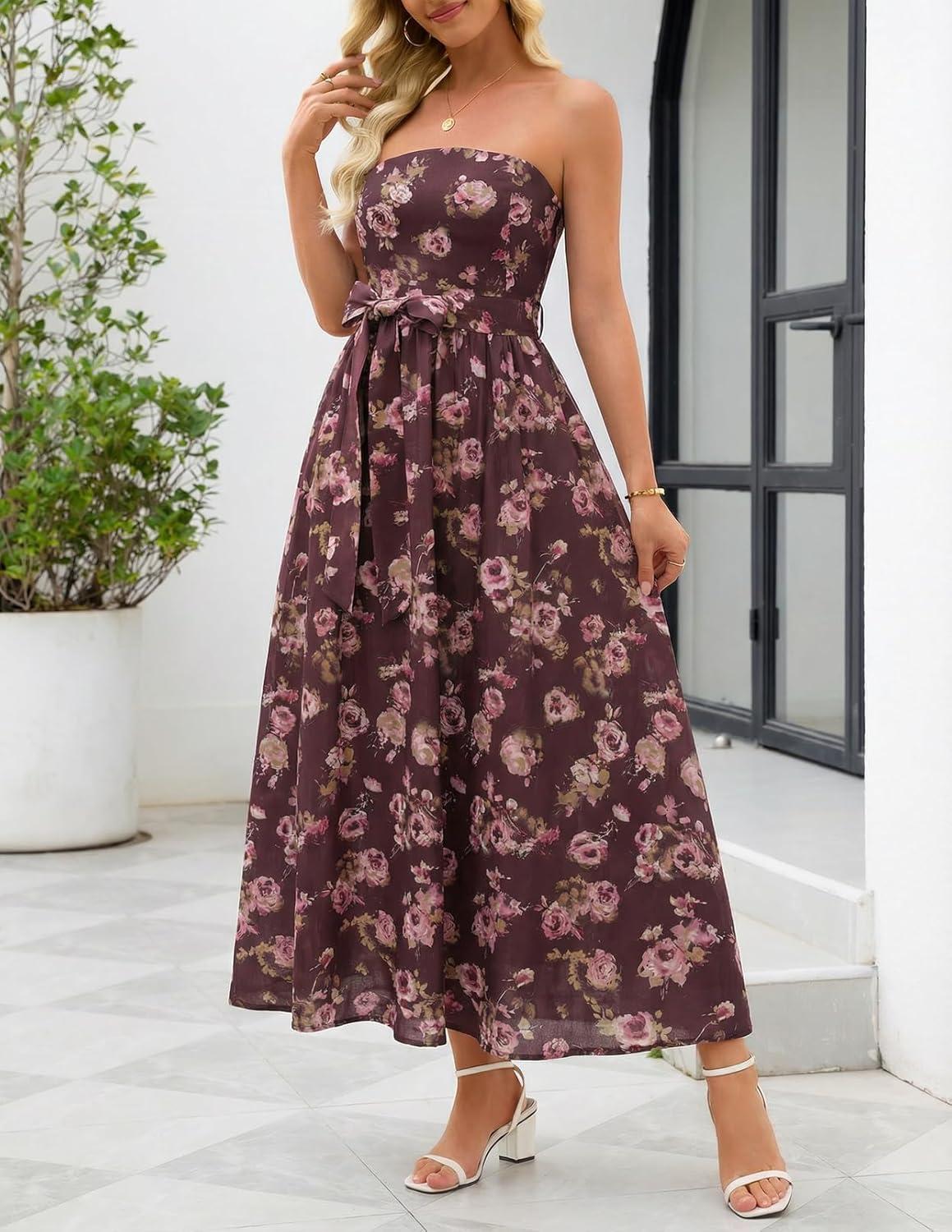 imageMEROKEETY Womens 2026 Summer Floral Strapless Maxi Dress Boho Tube Smocked Tie Wedding Guest Cocktail Long DressesCoffee
