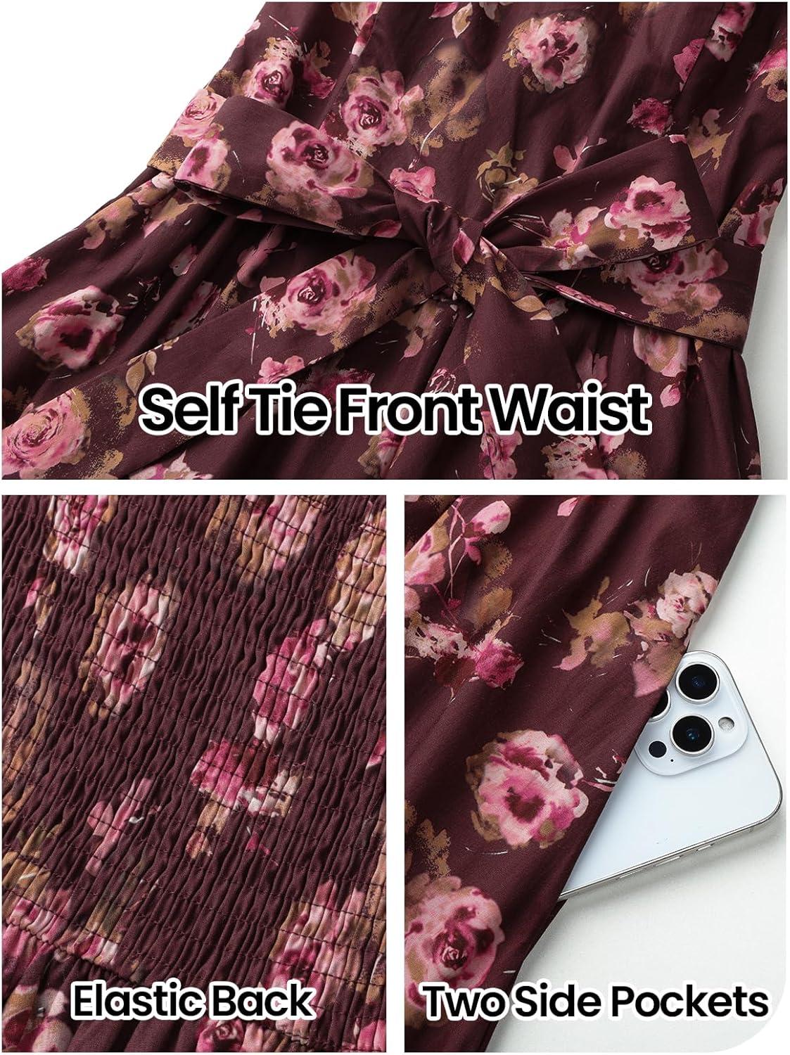 imageMEROKEETY Womens 2026 Summer Floral Strapless Maxi Dress Boho Tube Smocked Tie Wedding Guest Cocktail Long DressesCoffee