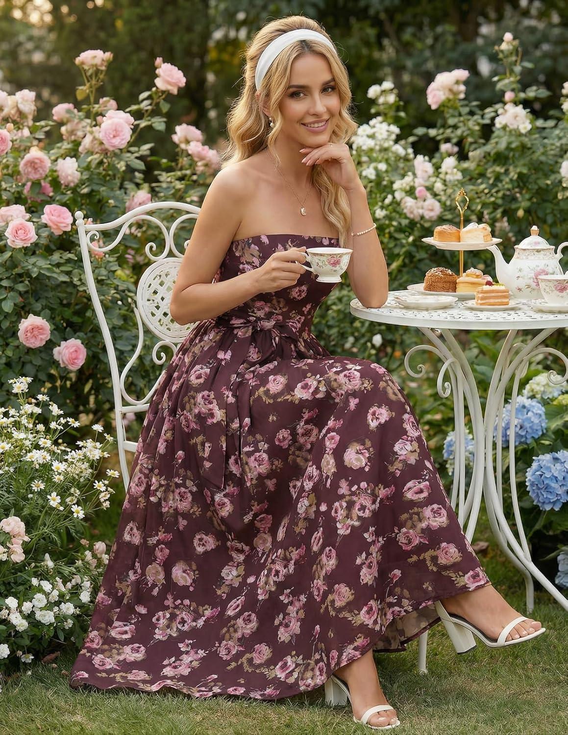 imageMEROKEETY Womens 2026 Summer Floral Strapless Maxi Dress Boho Tube Smocked Tie Wedding Guest Cocktail Long DressesCoffee