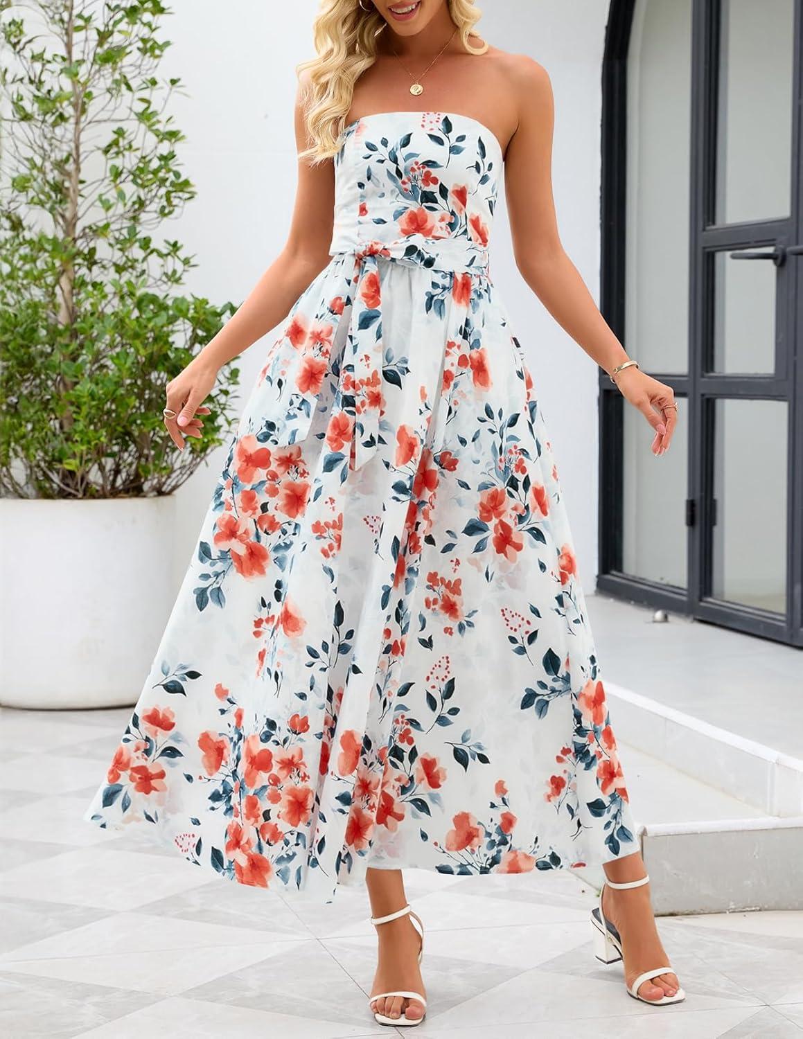 imageMEROKEETY Womens 2026 Summer Floral Strapless Maxi Dress Boho Tube Smocked Tie Wedding Guest Cocktail Long DressesIvory