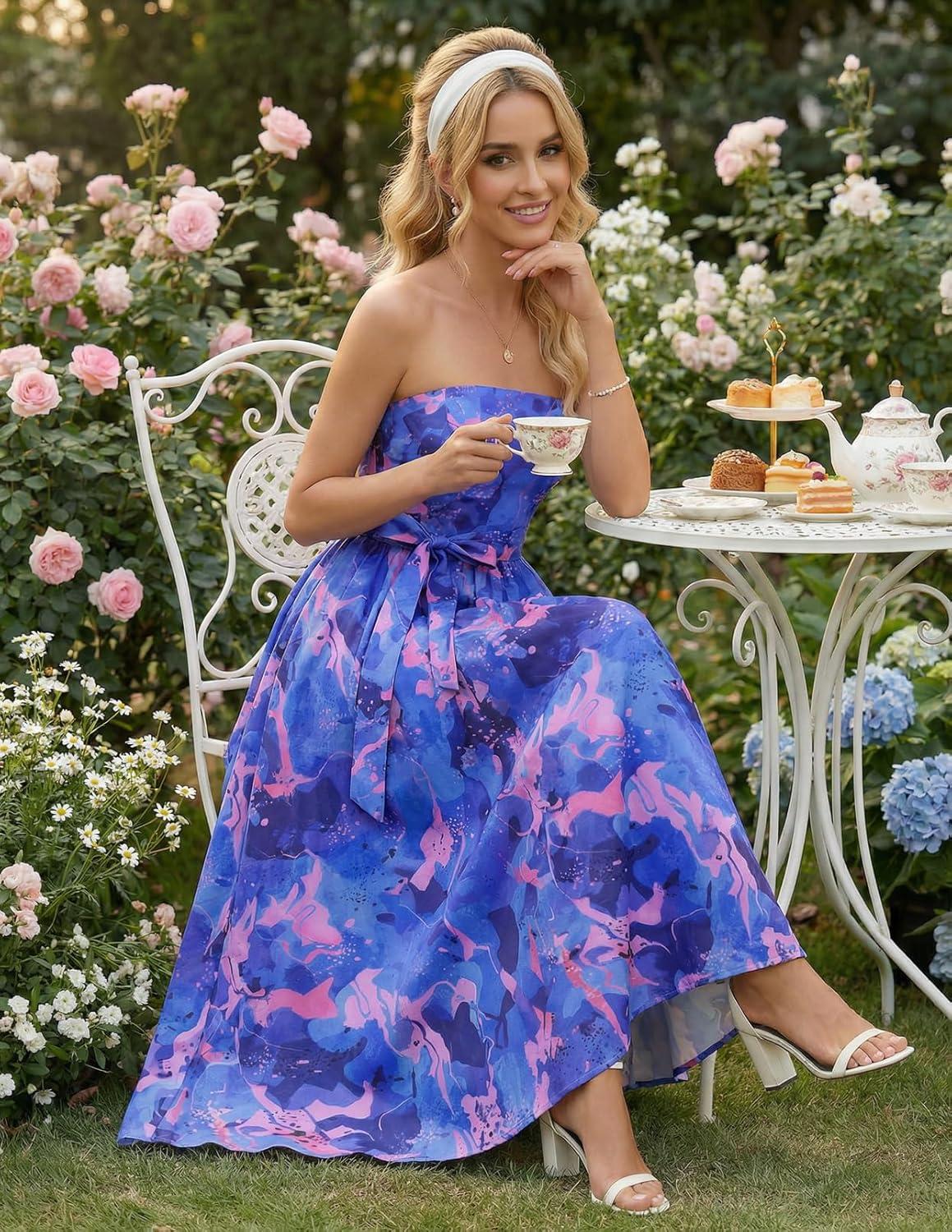 imageMEROKEETY Womens 2026 Summer Floral Strapless Maxi Dress Boho Tube Smocked Tie Wedding Guest Cocktail Long DressesRoyal