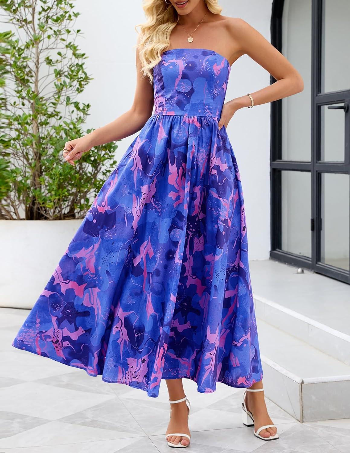 imageMEROKEETY Womens 2026 Summer Floral Strapless Maxi Dress Boho Tube Smocked Tie Wedding Guest Cocktail Long DressesRoyal