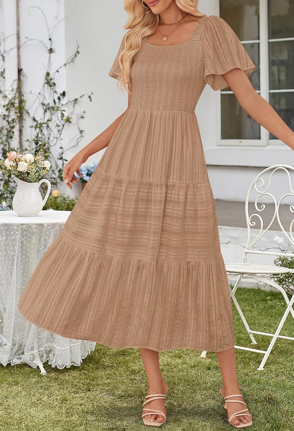 imageMEROKEETY Womens 2026 Summer Flowy Midi Maxi Dress Short Sleeve Square Neck Smocked Tiered Ruffle Boho Dresses with PocketsKhaki