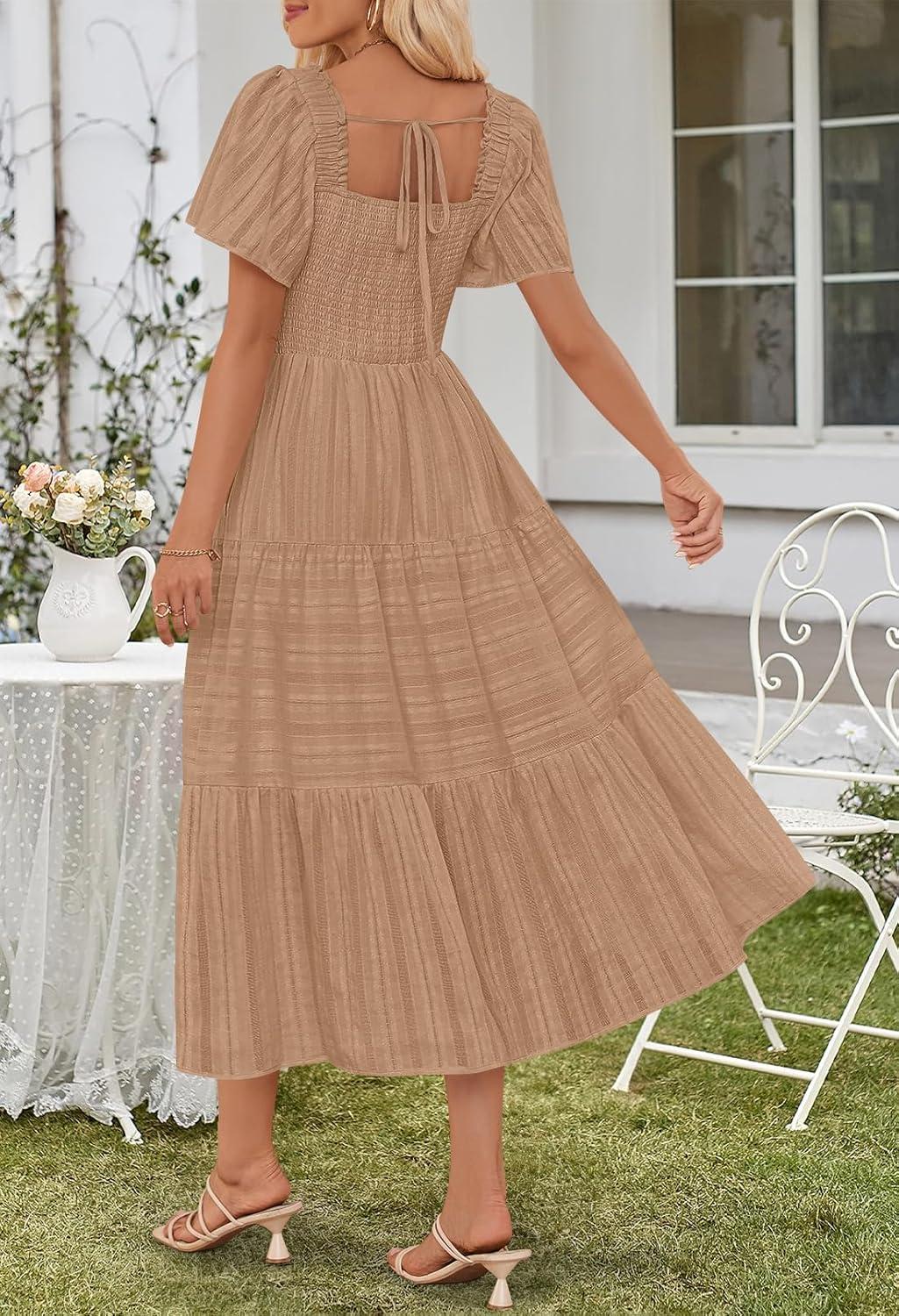 imageMEROKEETY Womens 2026 Summer Flowy Midi Maxi Dress Short Sleeve Square Neck Smocked Tiered Ruffle Boho Dresses with PocketsKhaki