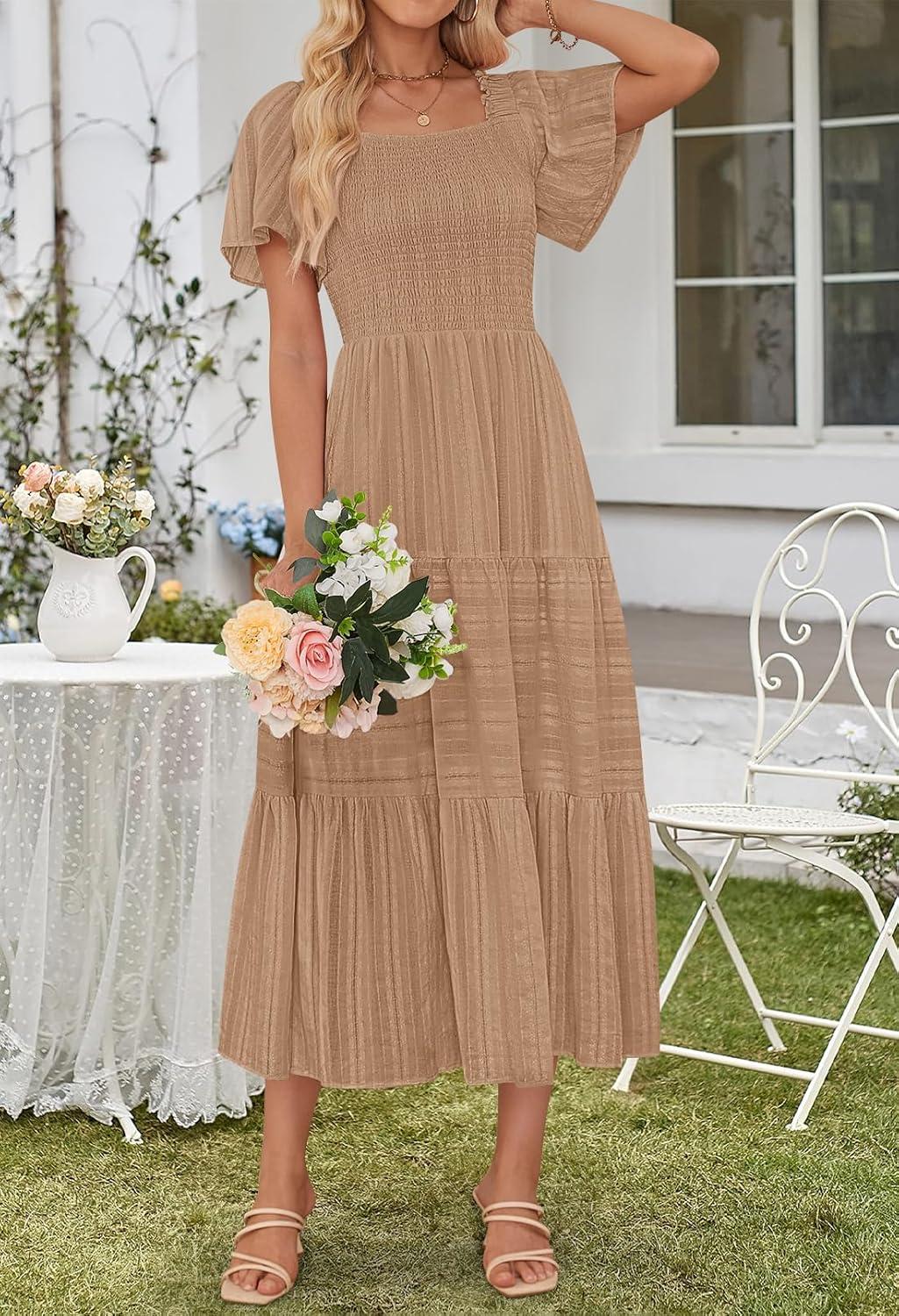 imageMEROKEETY Womens 2026 Summer Flowy Midi Maxi Dress Short Sleeve Square Neck Smocked Tiered Ruffle Boho Dresses with PocketsKhaki