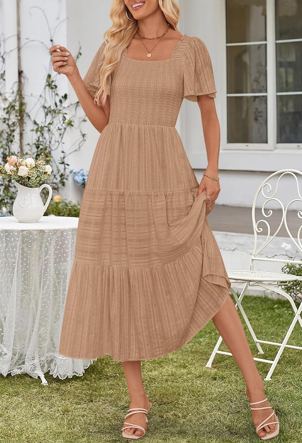 imageMEROKEETY Womens 2026 Summer Flowy Midi Maxi Dress Short Sleeve Square Neck Smocked Tiered Ruffle Boho Dresses with PocketsKhaki