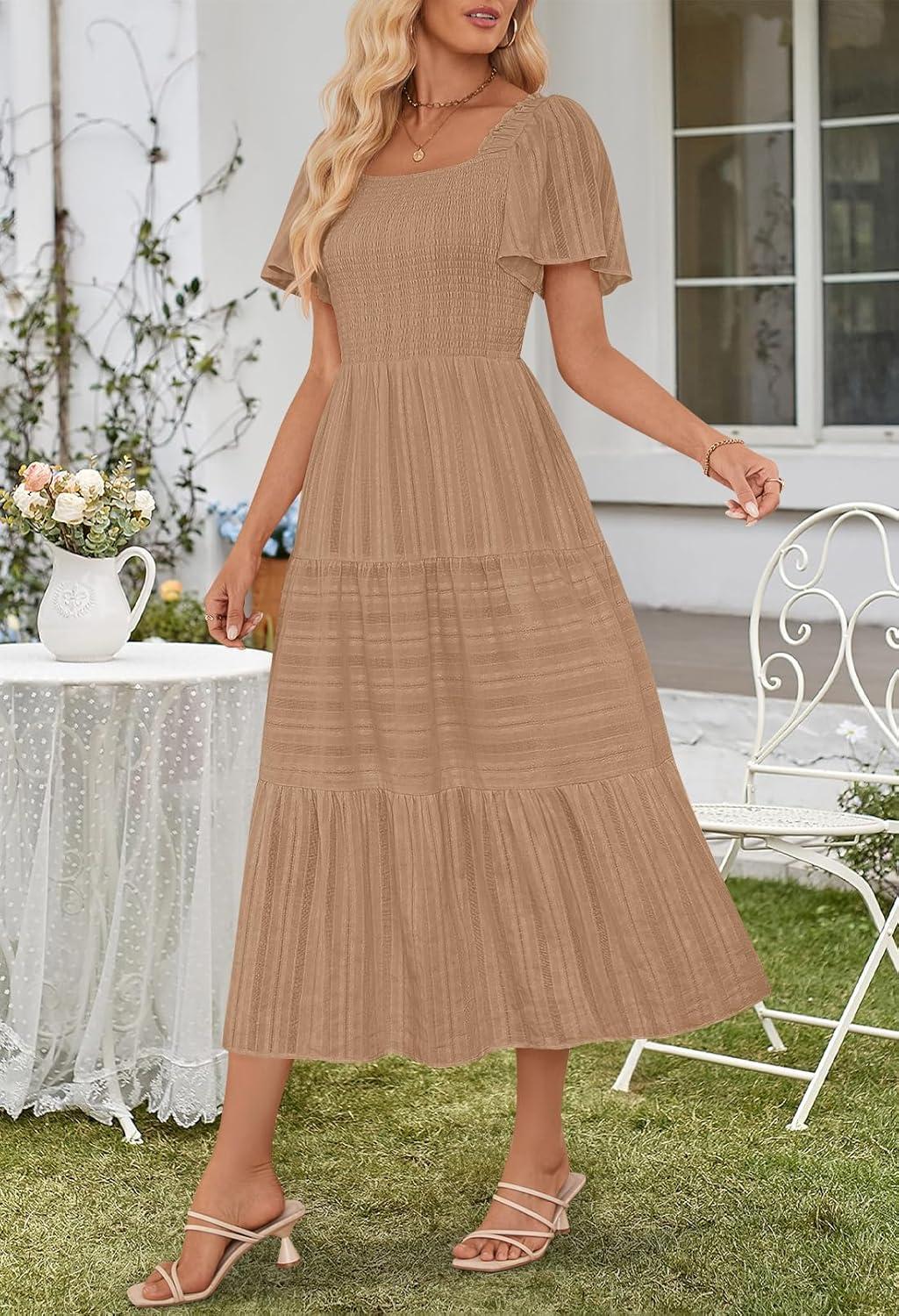 imageMEROKEETY Womens 2026 Summer Flowy Midi Maxi Dress Short Sleeve Square Neck Smocked Tiered Ruffle Boho Dresses with PocketsKhaki
