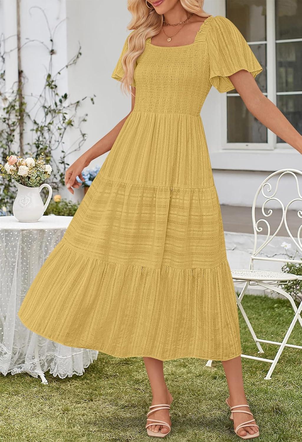 imageMEROKEETY Womens 2026 Summer Flowy Midi Maxi Dress Short Sleeve Square Neck Smocked Tiered Ruffle Boho Dresses with PocketsYellow