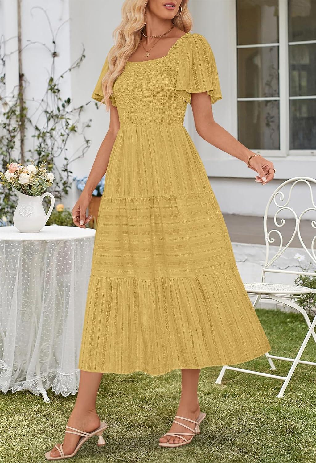 imageMEROKEETY Womens 2026 Summer Flowy Midi Maxi Dress Short Sleeve Square Neck Smocked Tiered Ruffle Boho Dresses with PocketsYellow
