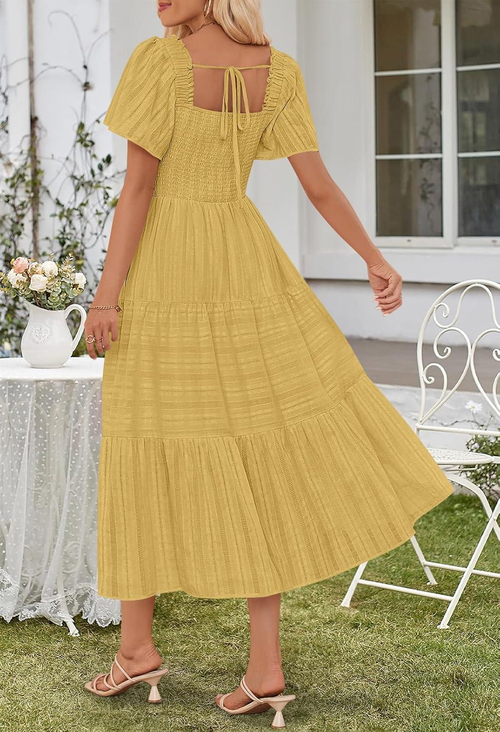 imageMEROKEETY Womens 2026 Summer Flowy Midi Maxi Dress Short Sleeve Square Neck Smocked Tiered Ruffle Boho Dresses with PocketsYellow