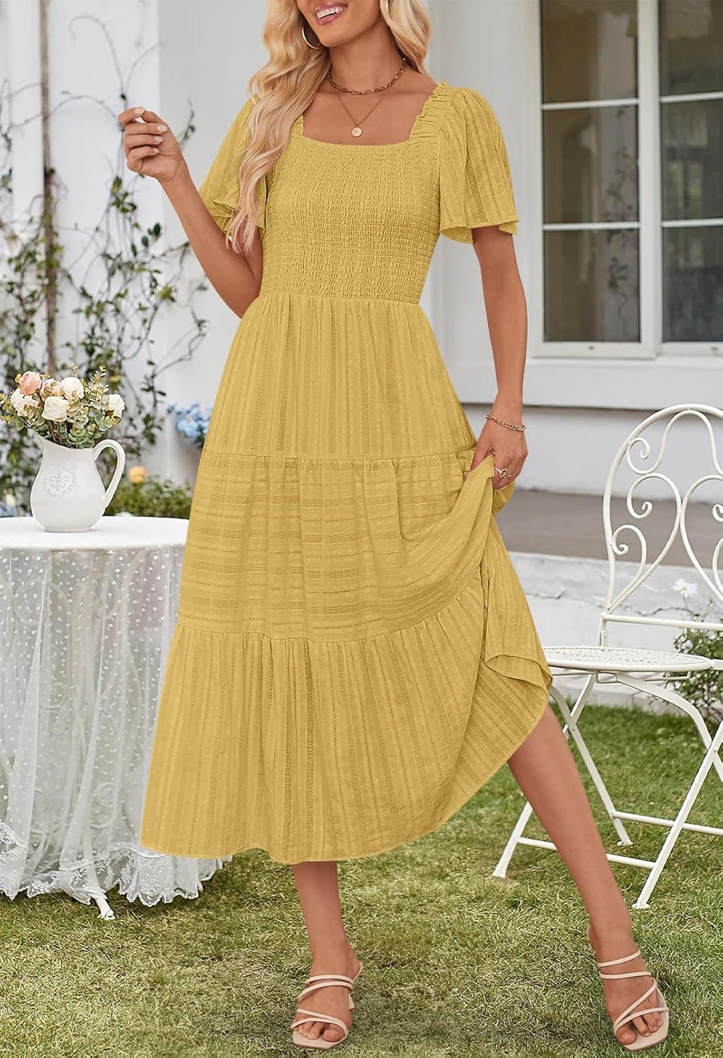 imageMEROKEETY Womens 2026 Summer Flowy Midi Maxi Dress Short Sleeve Square Neck Smocked Tiered Ruffle Boho Dresses with PocketsYellow