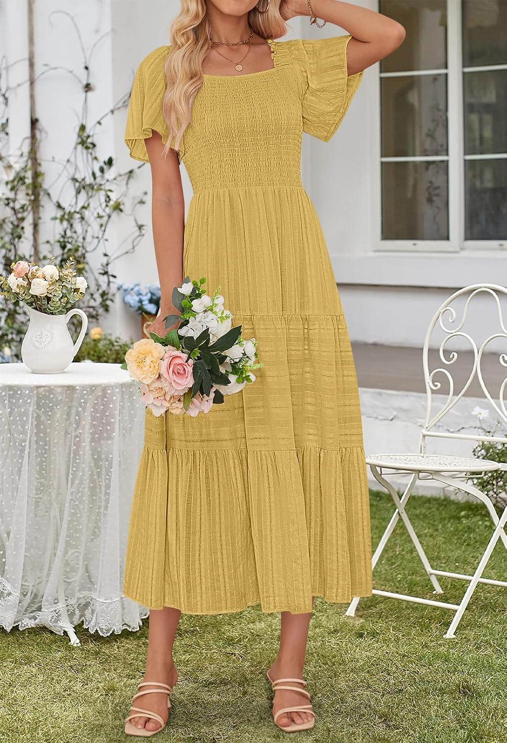 imageMEROKEETY Womens 2026 Summer Flowy Midi Maxi Dress Short Sleeve Square Neck Smocked Tiered Ruffle Boho Dresses with PocketsYellow